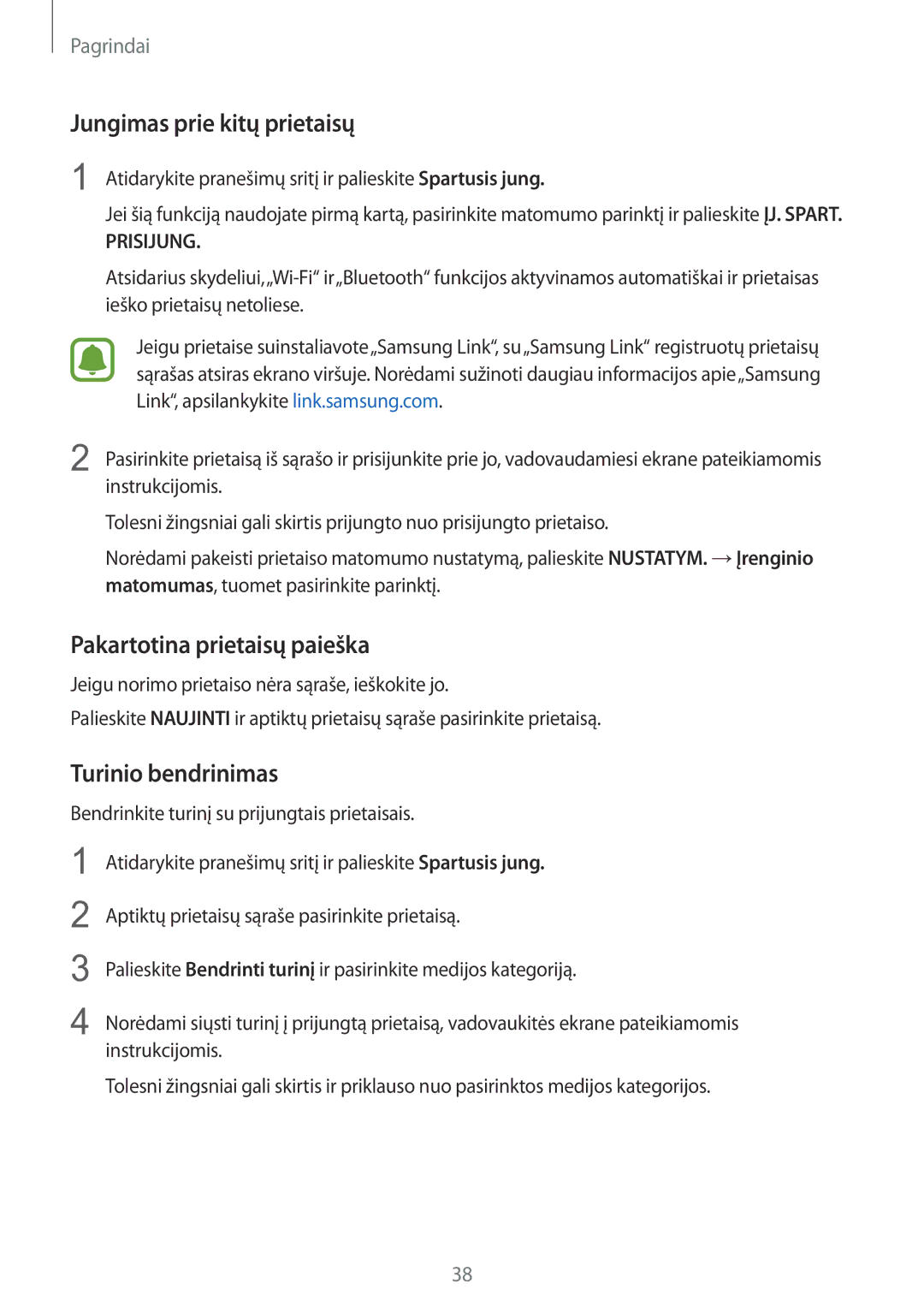 Samsung SM-G925FZKASEB manual Jungimas prie kitų prietaisų, Pakartotina prietaisų paieška, Turinio bendrinimas 