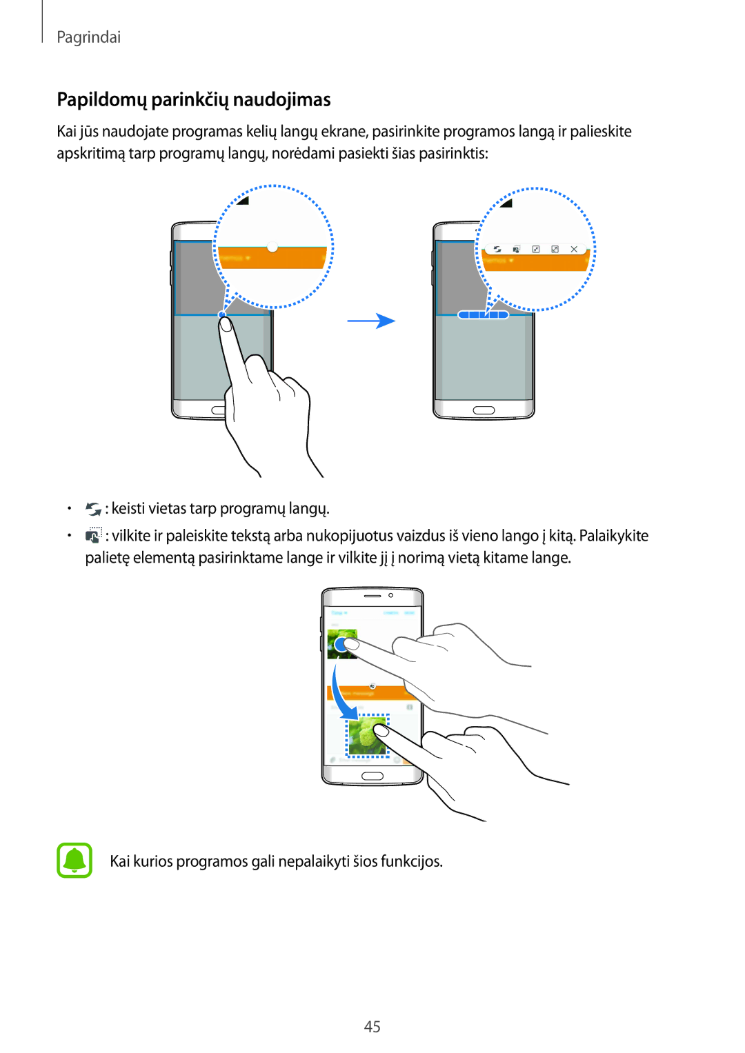 Samsung SM-G925FZKASEB manual Papildomų parinkčių naudojimas, Keisti vietas tarp programų langų 