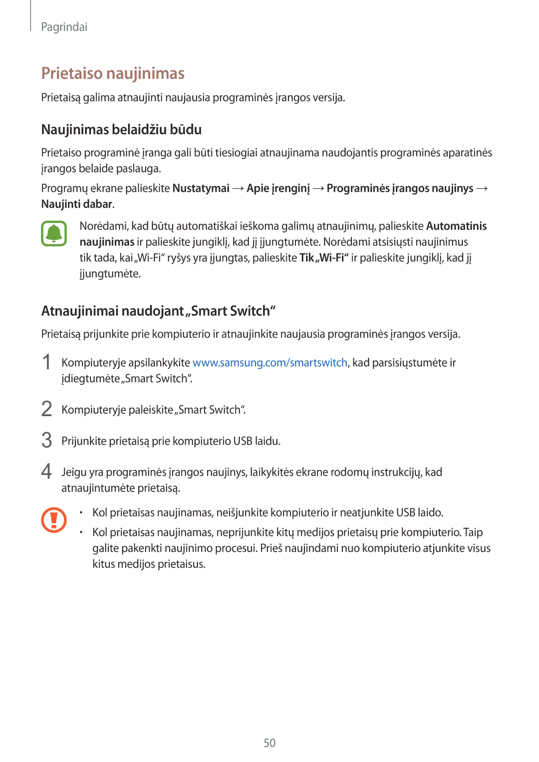 Samsung SM-G925FZKASEB manual Prietaiso naujinimas, Naujinimas belaidžiu būdu, Atnaujinimai naudojant„Smart Switch 