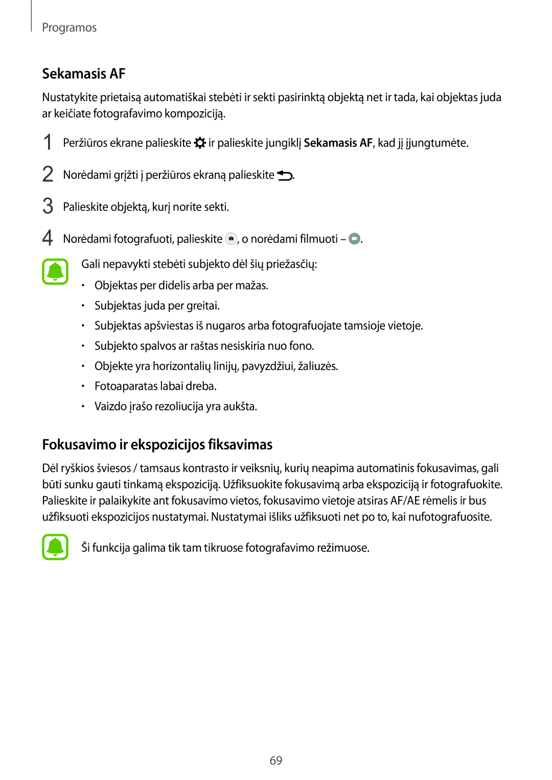 Samsung SM-G925FZKASEB manual Sekamasis AF, Fokusavimo ir ekspozicijos fiksavimas 