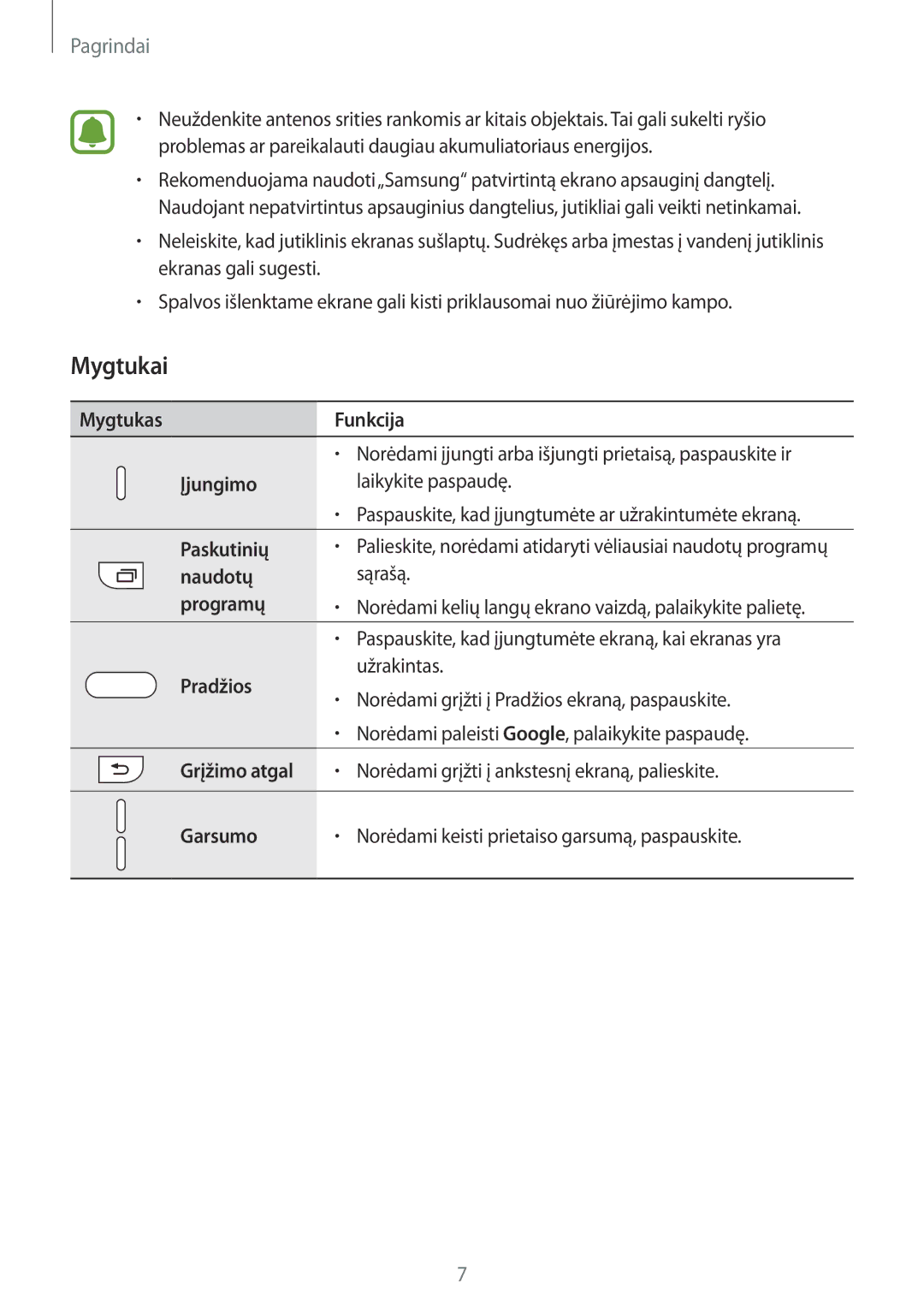 Samsung SM-G925FZKASEB manual Mygtukai 