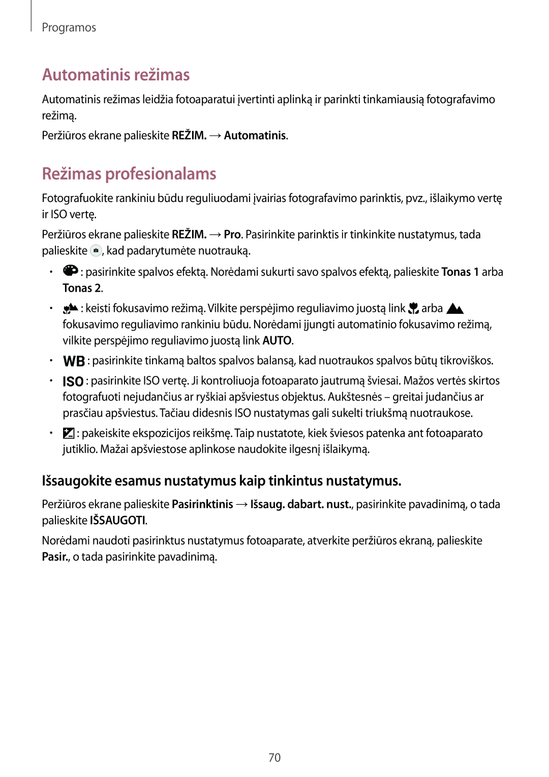 Samsung SM-G925FZKASEB manual Automatinis režimas, Režimas profesionalams, Tonas 