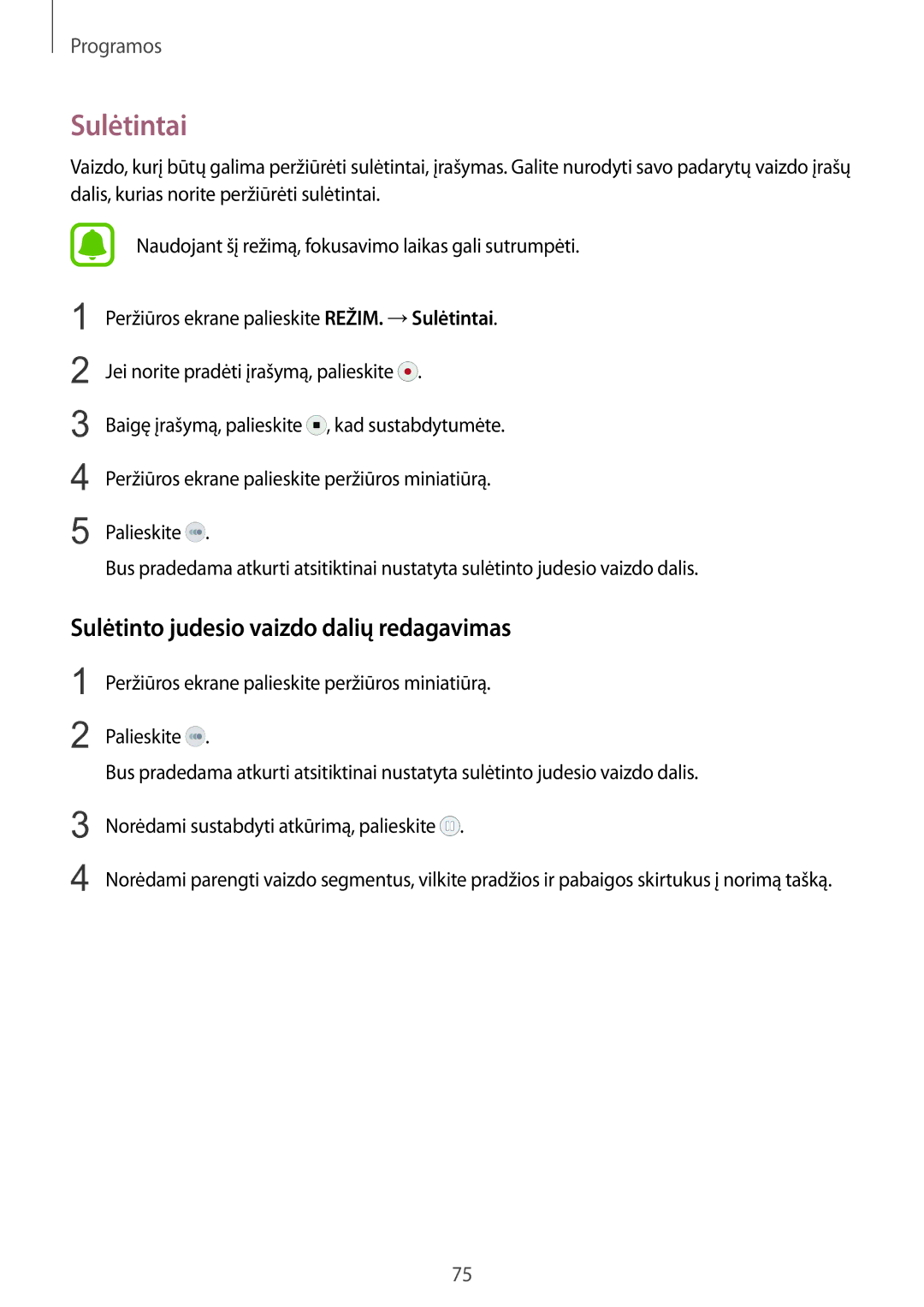 Samsung SM-G925FZKASEB manual Sulėtintai, Sulėtinto judesio vaizdo dalių redagavimas 