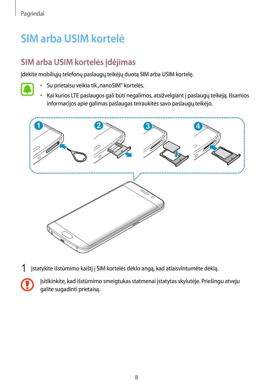 Samsung SM-G925FZKASEB manual SIM arba Usim kortelės įdėjimas 