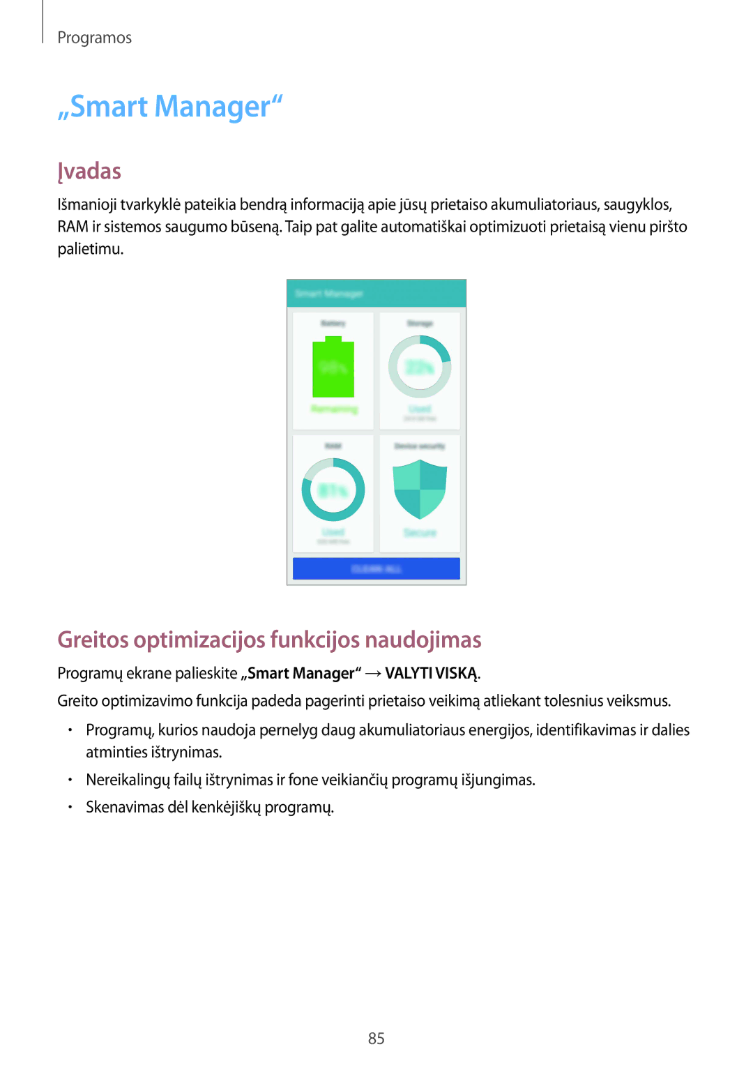 Samsung SM-G925FZKASEB manual „Smart Manager, Greitos optimizacijos funkcijos naudojimas 