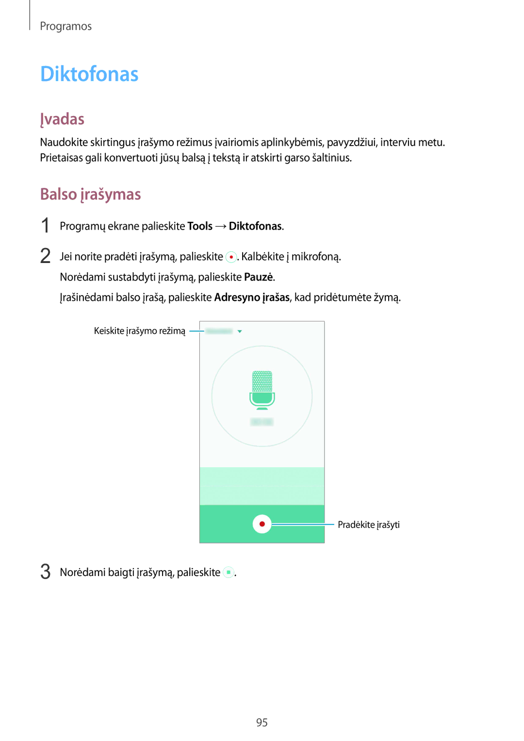 Samsung SM-G925FZKASEB manual Balso įrašymas, Programų ekrane palieskite Tools →Diktofonas 