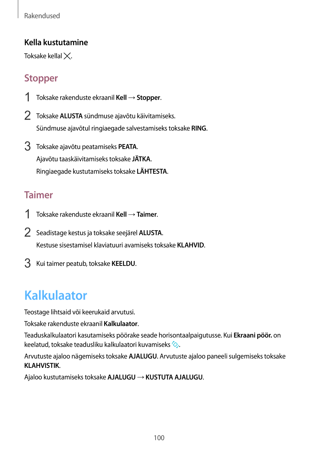 Samsung SM-G925FZKASEB manual Kalkulaator, Stopper, Taimer, Kella kustutamine 