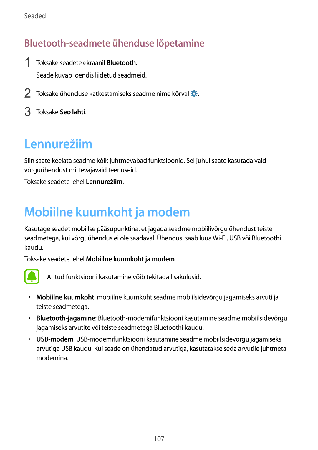 Samsung SM-G925FZKASEB manual Lennurežiim, Mobiilne kuumkoht ja modem, Bluetooth-seadmete ühenduse lõpetamine 