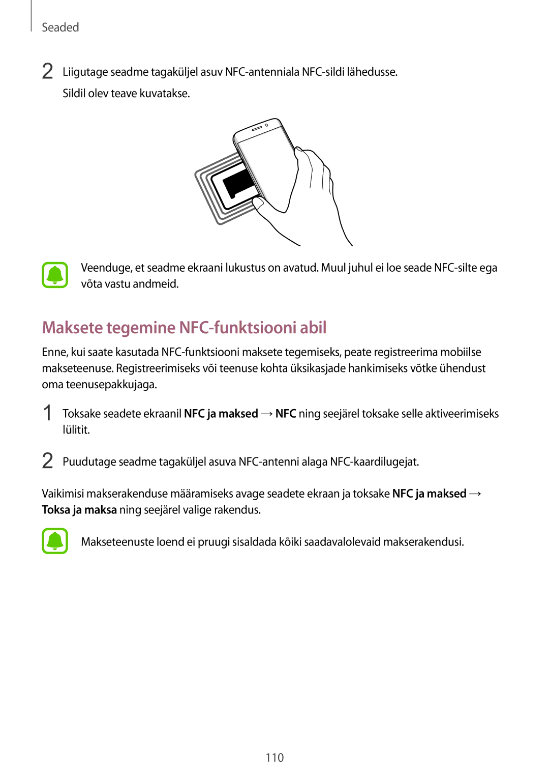 Samsung SM-G925FZKASEB manual Maksete tegemine NFC-funktsiooni abil 