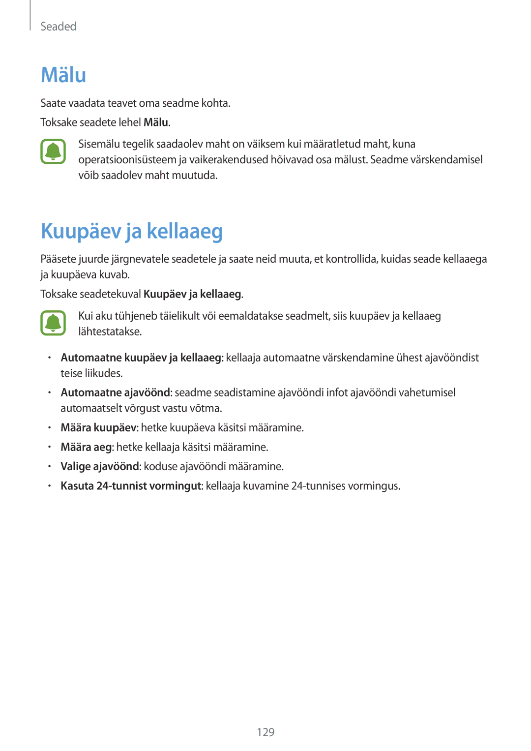 Samsung SM-G925FZKASEB manual Mälu, Kuupäev ja kellaaeg 