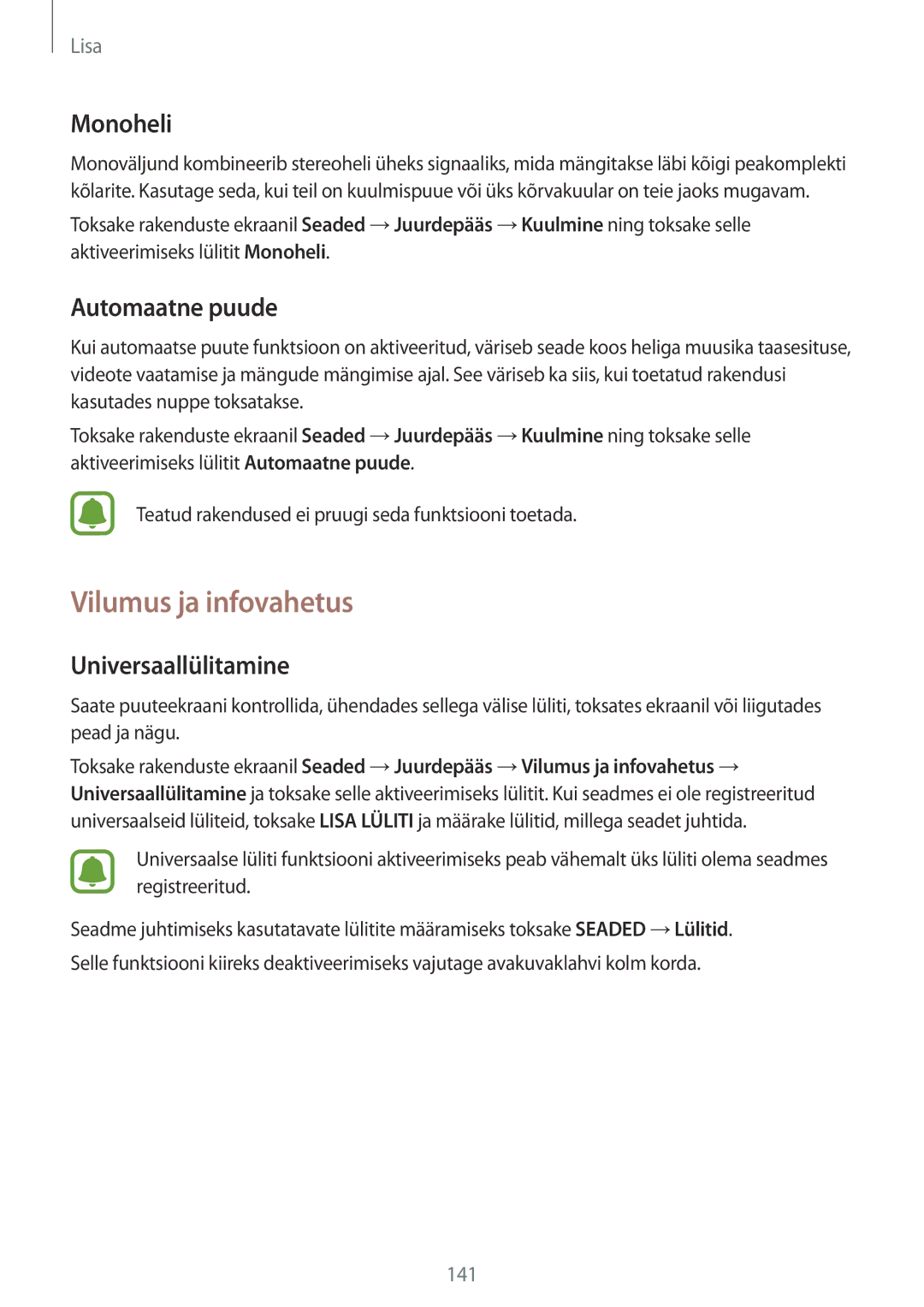 Samsung SM-G925FZKASEB manual Vilumus ja infovahetus, Monoheli, Automaatne puude, Universaallülitamine 