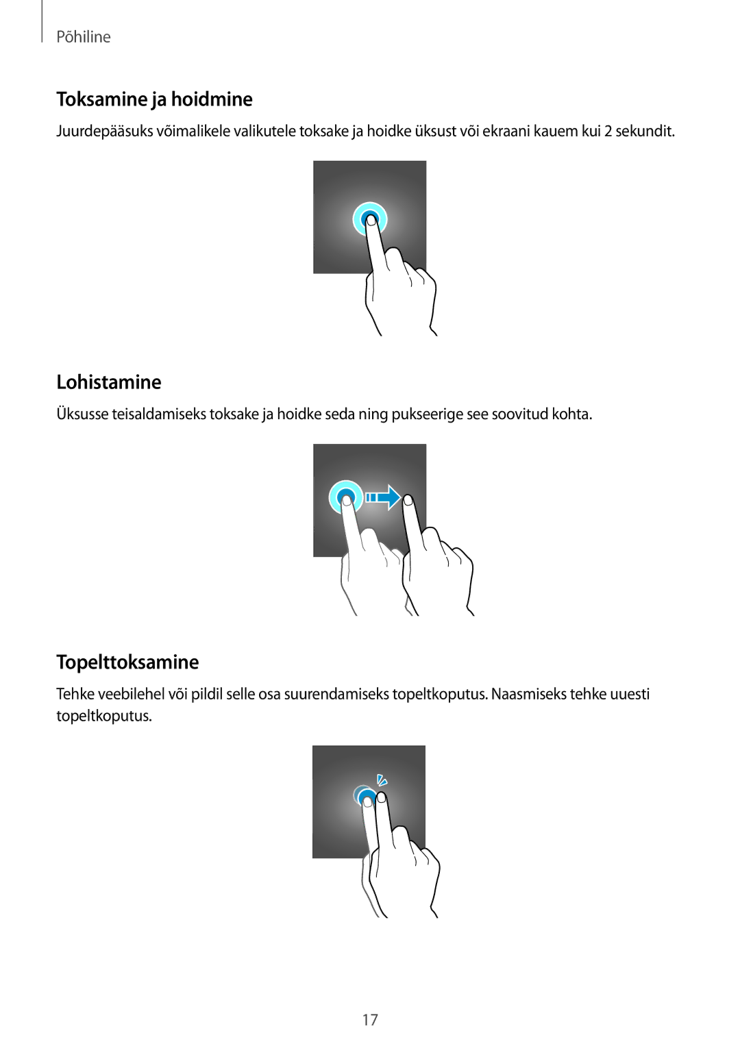 Samsung SM-G925FZKASEB manual Toksamine ja hoidmine, Lohistamine, Topelttoksamine 