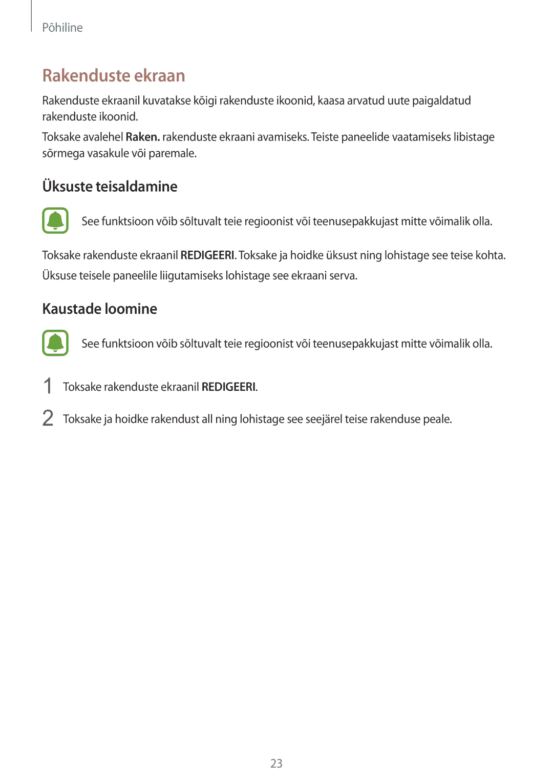 Samsung SM-G925FZKASEB manual Rakenduste ekraan, Üksuste teisaldamine 