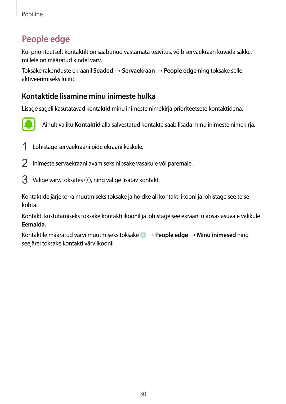 Samsung SM-G925FZKASEB manual People edge, Kontaktide lisamine minu inimeste hulka 