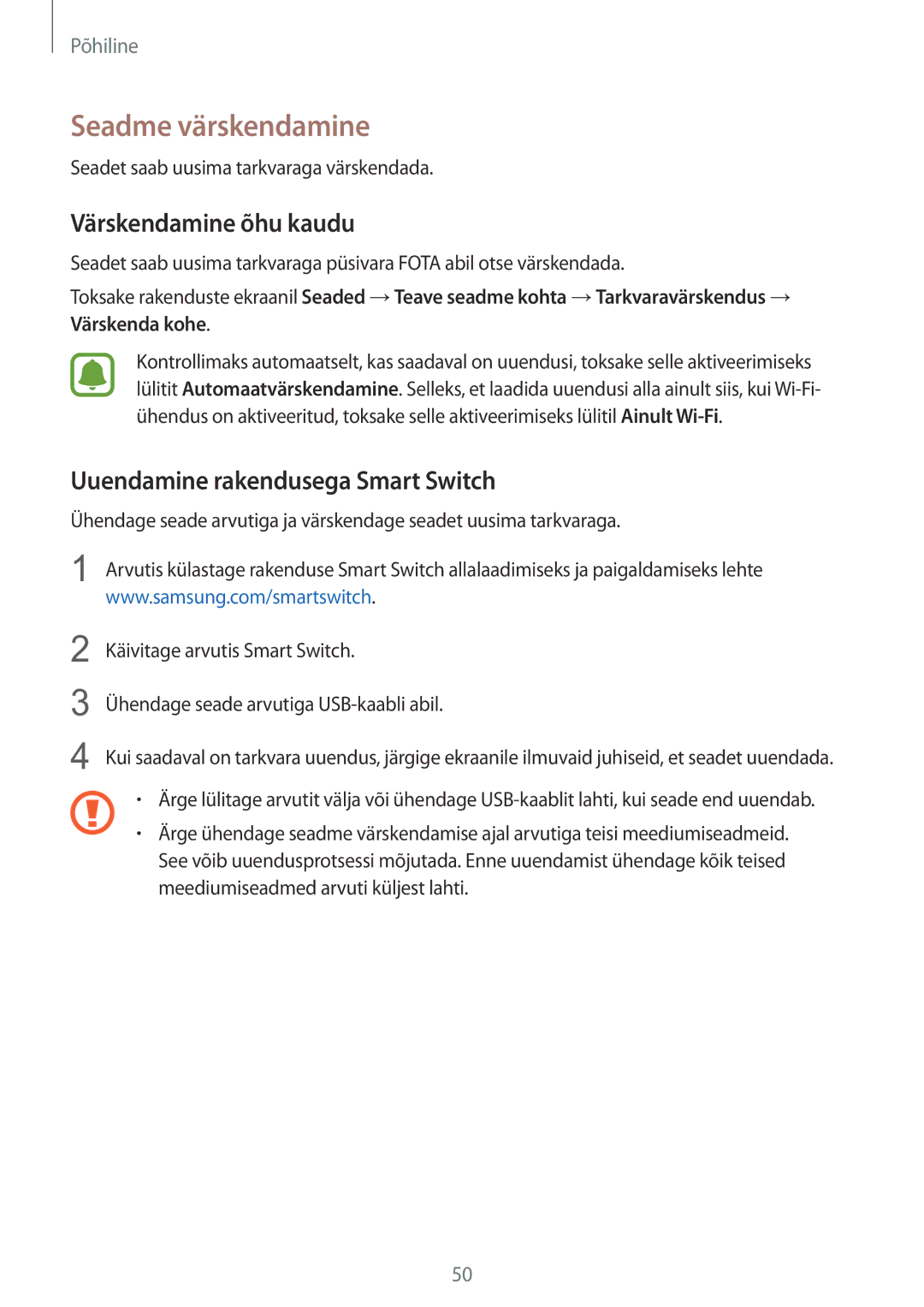 Samsung SM-G925FZKASEB manual Seadme värskendamine, Värskendamine õhu kaudu, Uuendamine rakendusega Smart Switch 