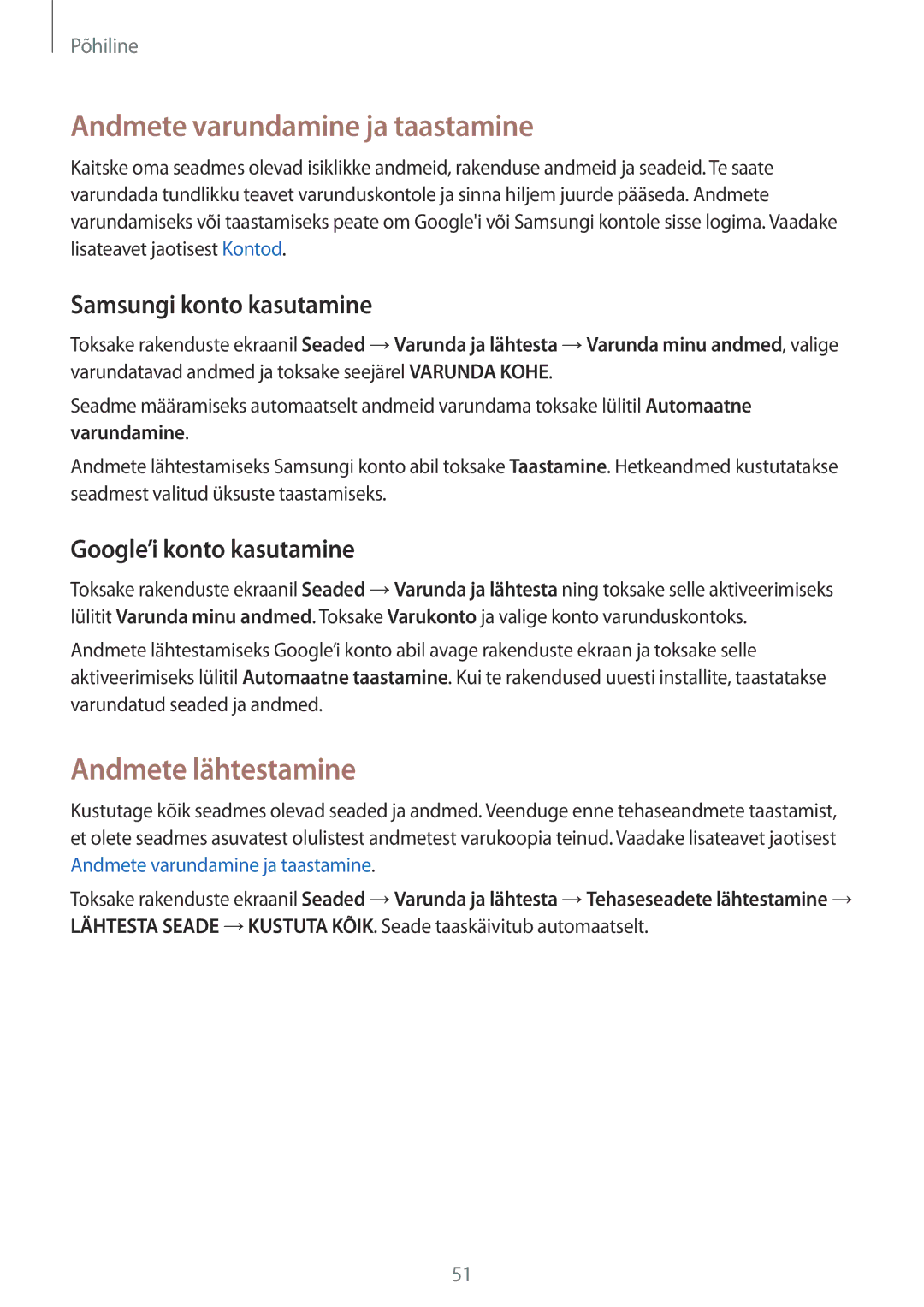 Samsung SM-G925FZKASEB manual Andmete varundamine ja taastamine, Andmete lähtestamine, Samsungi konto kasutamine 