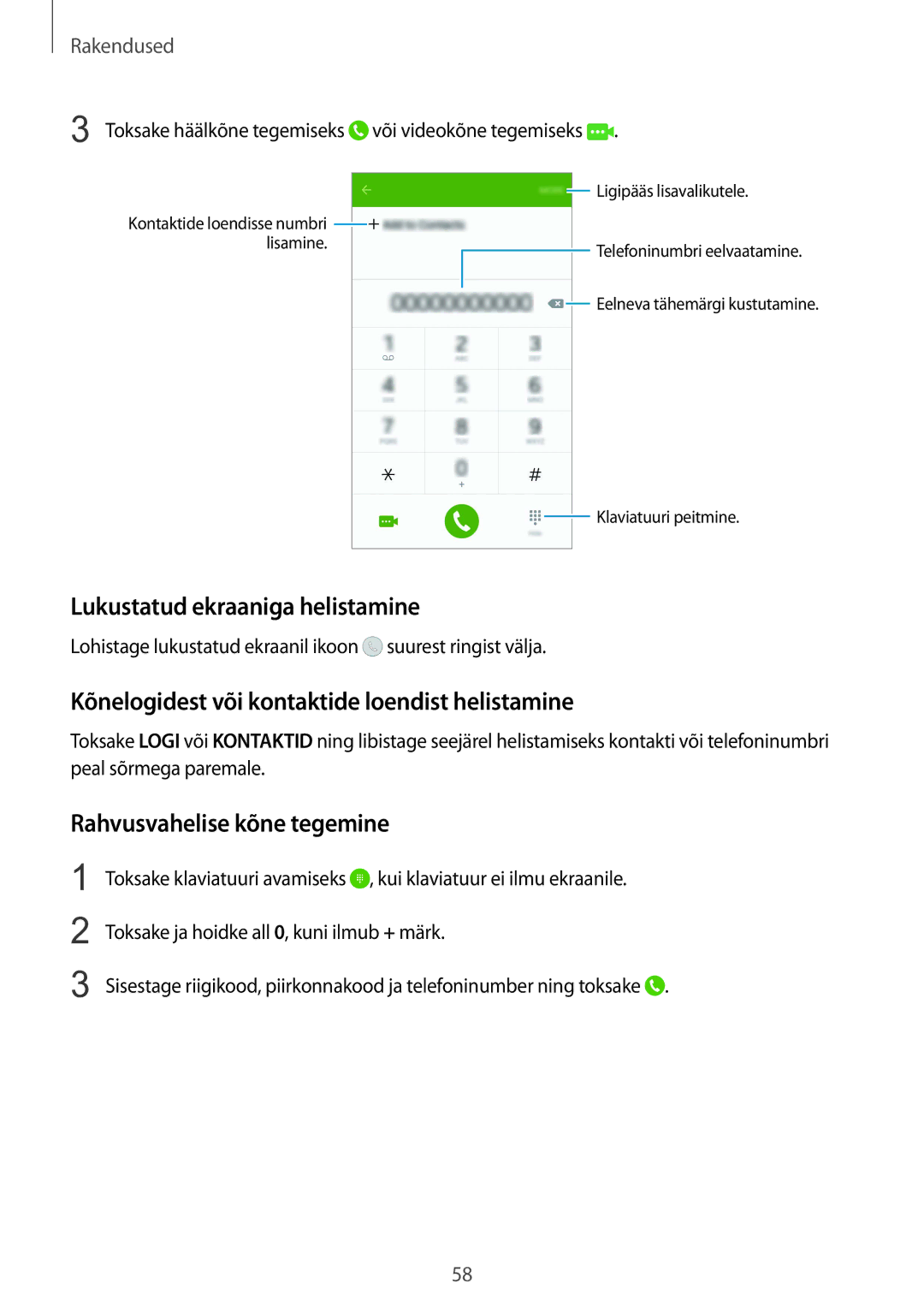 Samsung SM-G925FZKASEB manual Lukustatud ekraaniga helistamine, Kõnelogidest või kontaktide loendist helistamine 