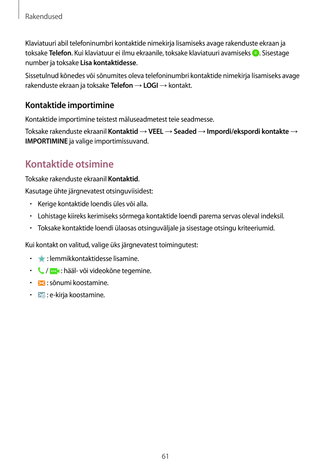 Samsung SM-G925FZKASEB manual Kontaktide otsimine, Kontaktide importimine 