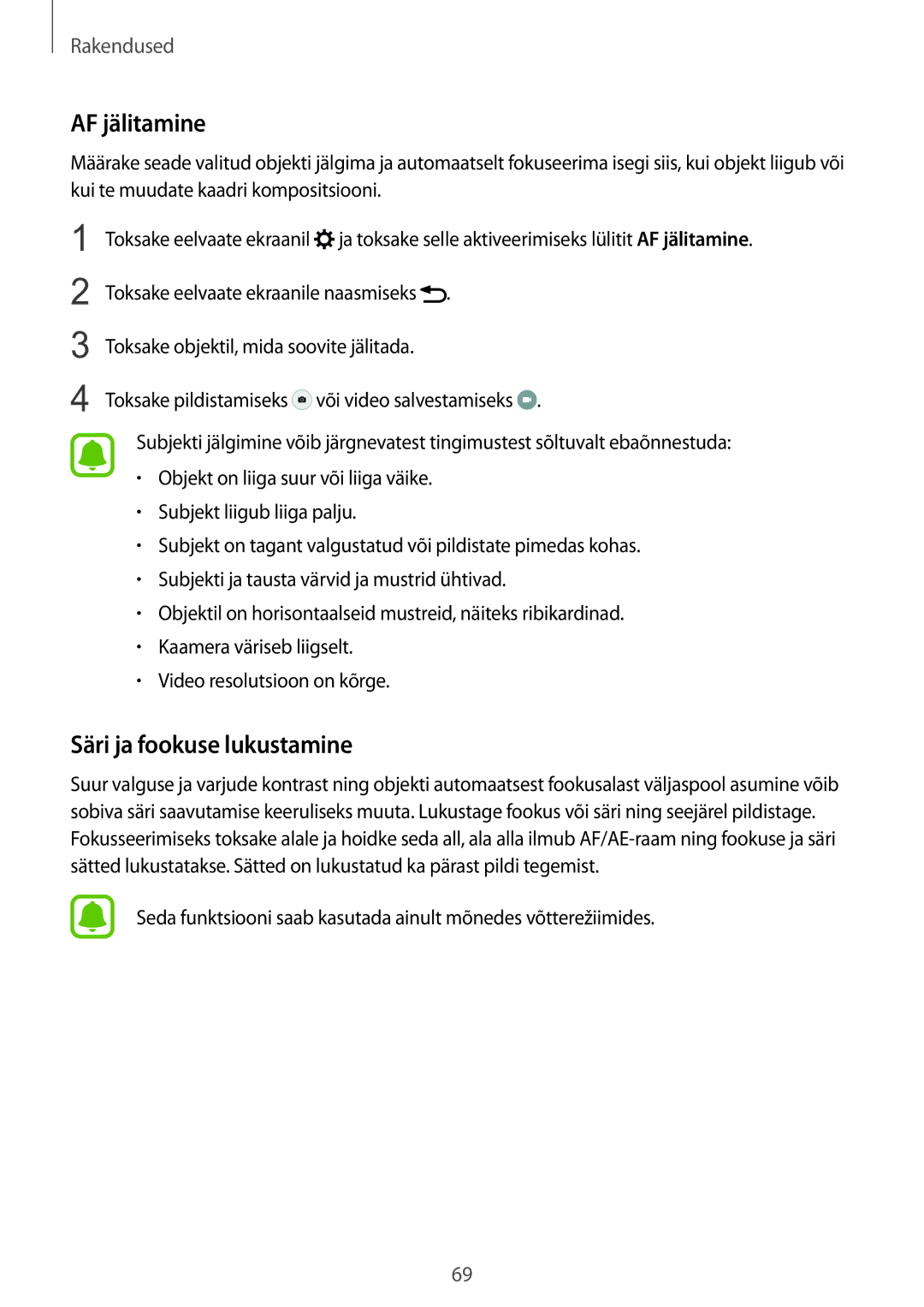 Samsung SM-G925FZKASEB manual AF jälitamine, Säri ja fookuse lukustamine 