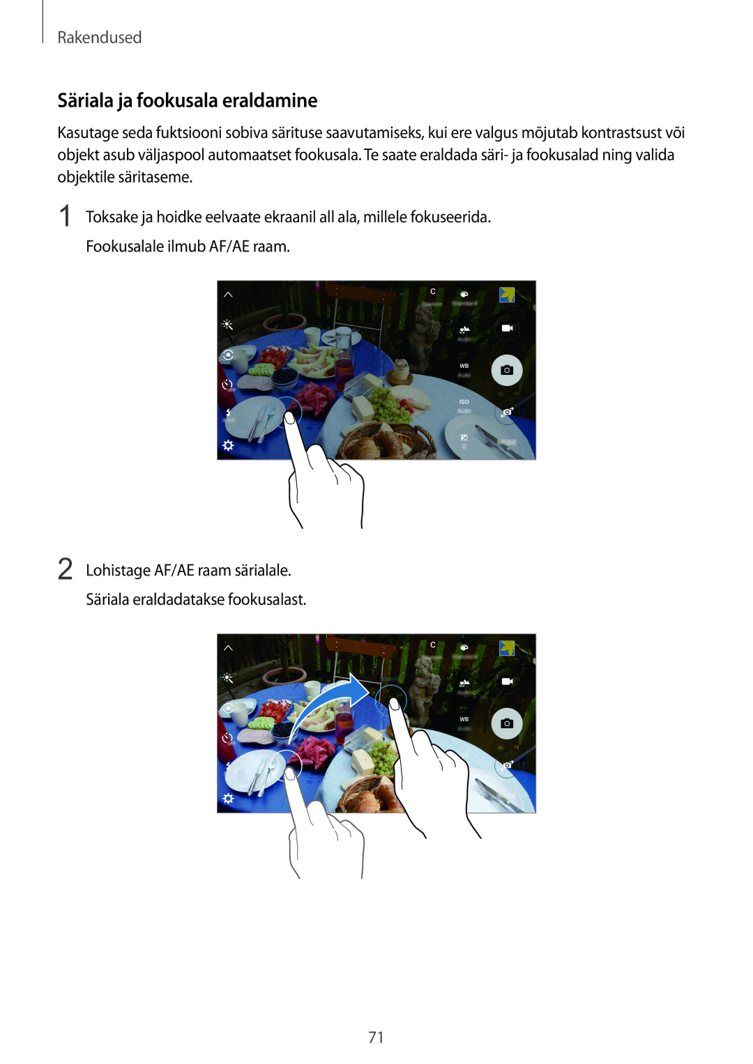 Samsung SM-G925FZKASEB manual Säriala ja fookusala eraldamine 