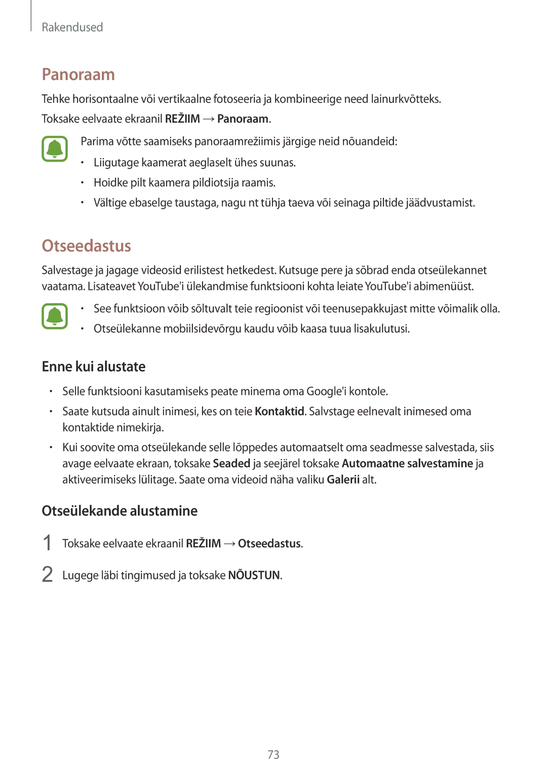 Samsung SM-G925FZKASEB manual Panoraam, Otseedastus, Enne kui alustate, Otseülekande alustamine 