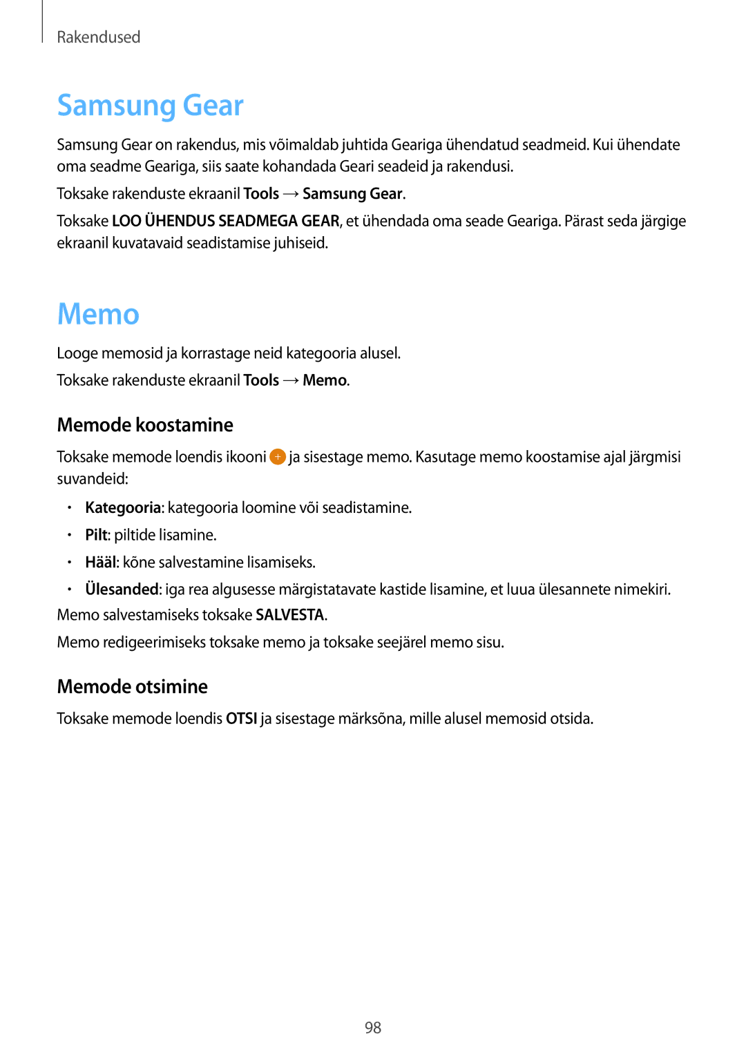 Samsung SM-G925FZKASEB manual Samsung Gear, Memode koostamine, Memode otsimine 