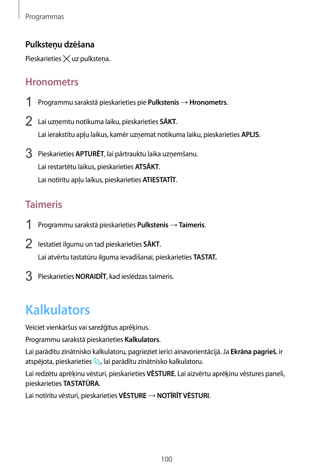Samsung SM-G925FZKASEB manual Kalkulators, Hronometrs, Taimeris, Pulksteņu dzēšana 