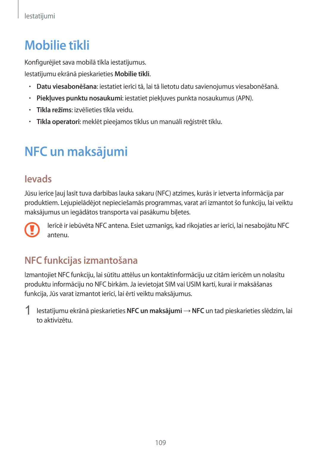 Samsung SM-G925FZKASEB manual Mobilie tīkli, NFC un maksājumi, NFC funkcijas izmantošana 