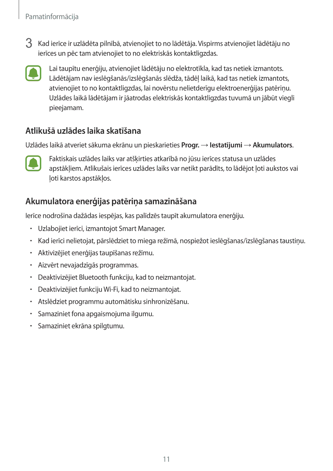 Samsung SM-G925FZKASEB manual Atlikušā uzlādes laika skatīšana, Akumulatora enerģijas patēriņa samazināšana 