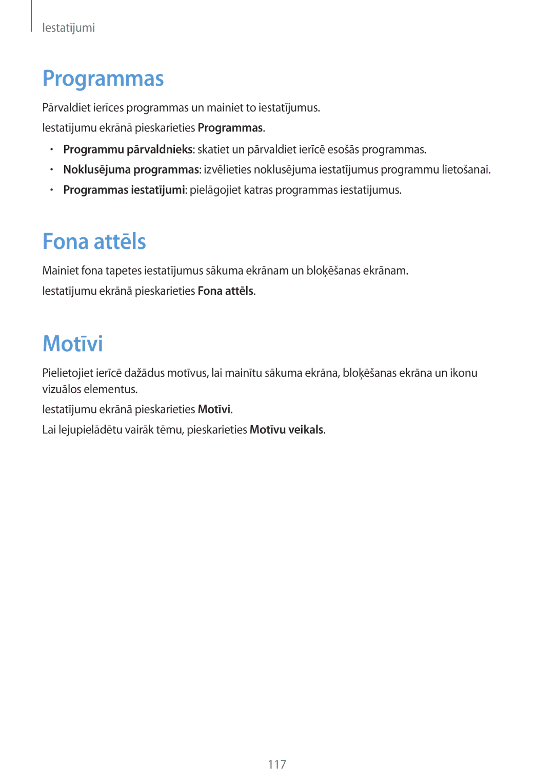 Samsung SM-G925FZKASEB manual Programmas, Fona attēls, Motīvi 