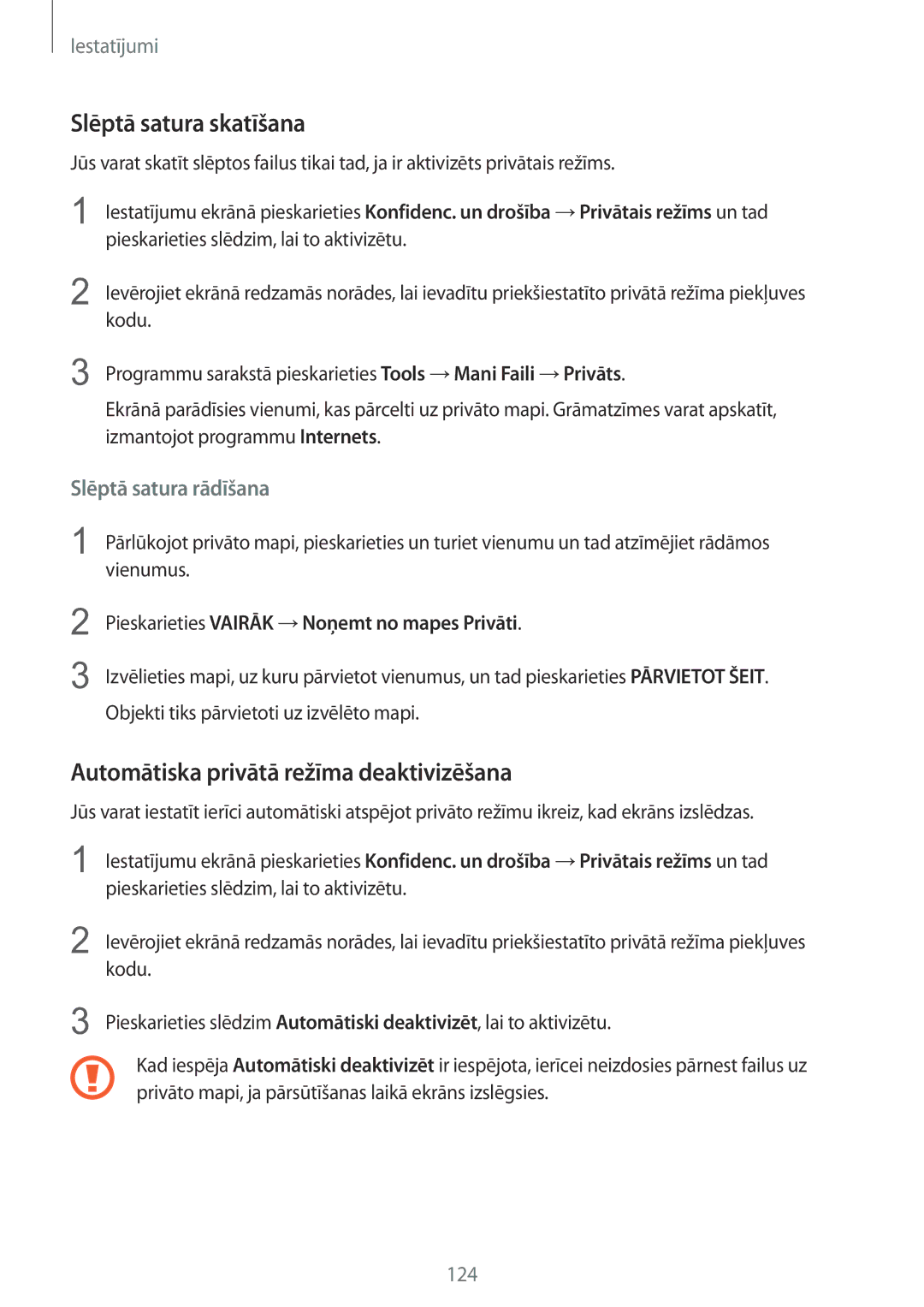 Samsung SM-G925FZKASEB manual Slēptā satura skatīšana, Automātiska privātā režīma deaktivizēšana 