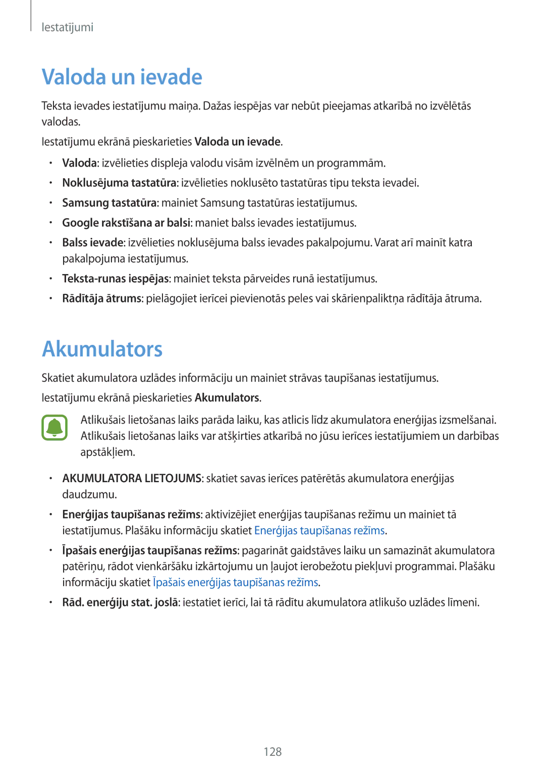 Samsung SM-G925FZKASEB manual Valoda un ievade, Akumulators 