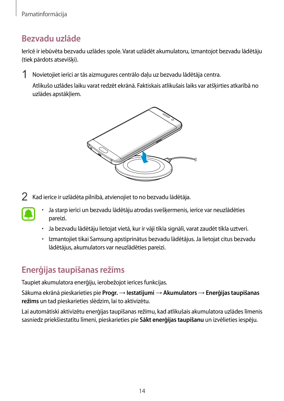 Samsung SM-G925FZKASEB manual Bezvadu uzlāde, Enerģijas taupīšanas režīms 