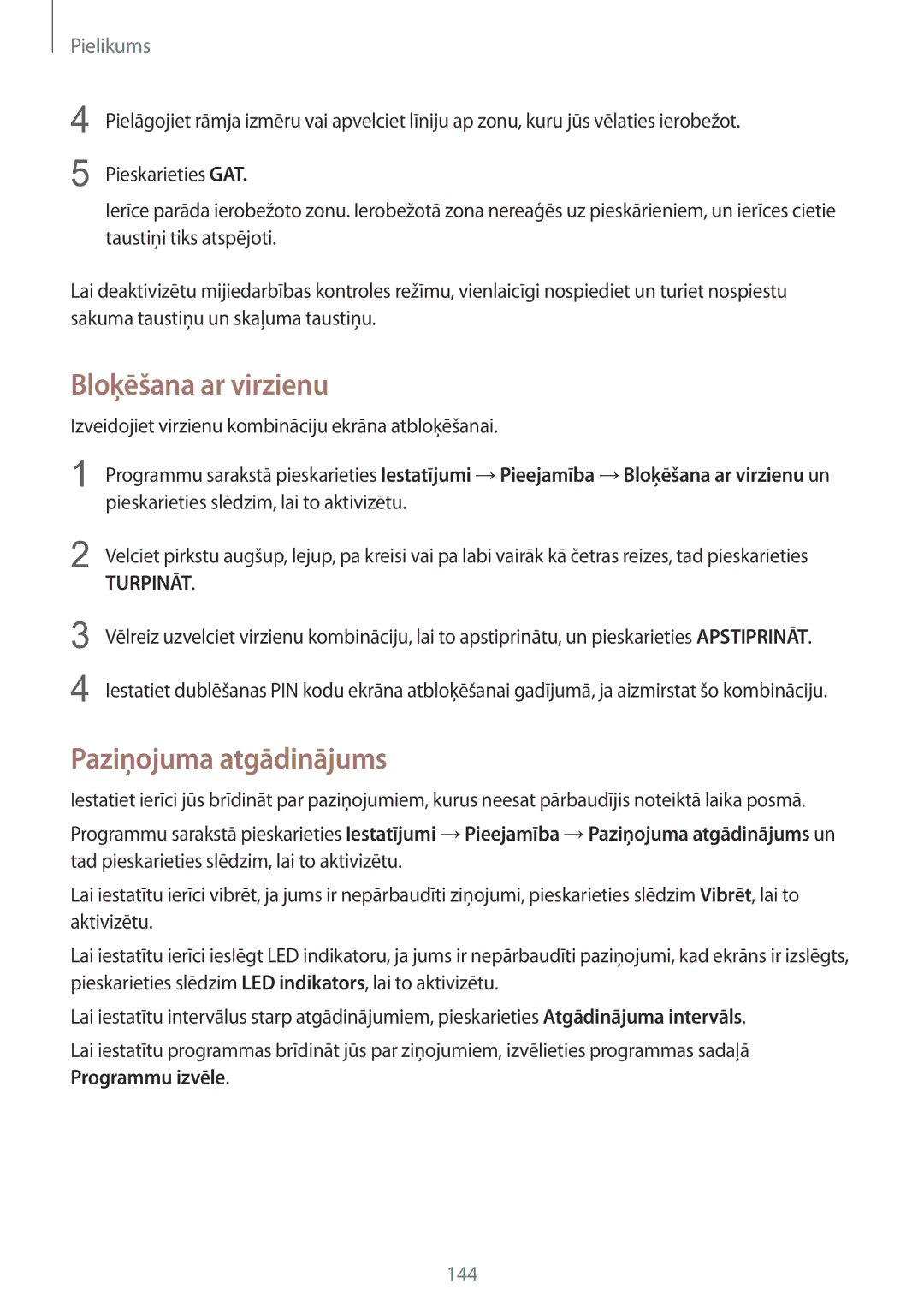 Samsung SM-G925FZKASEB manual Bloķēšana ar virzienu, Paziņojuma atgādinājums 