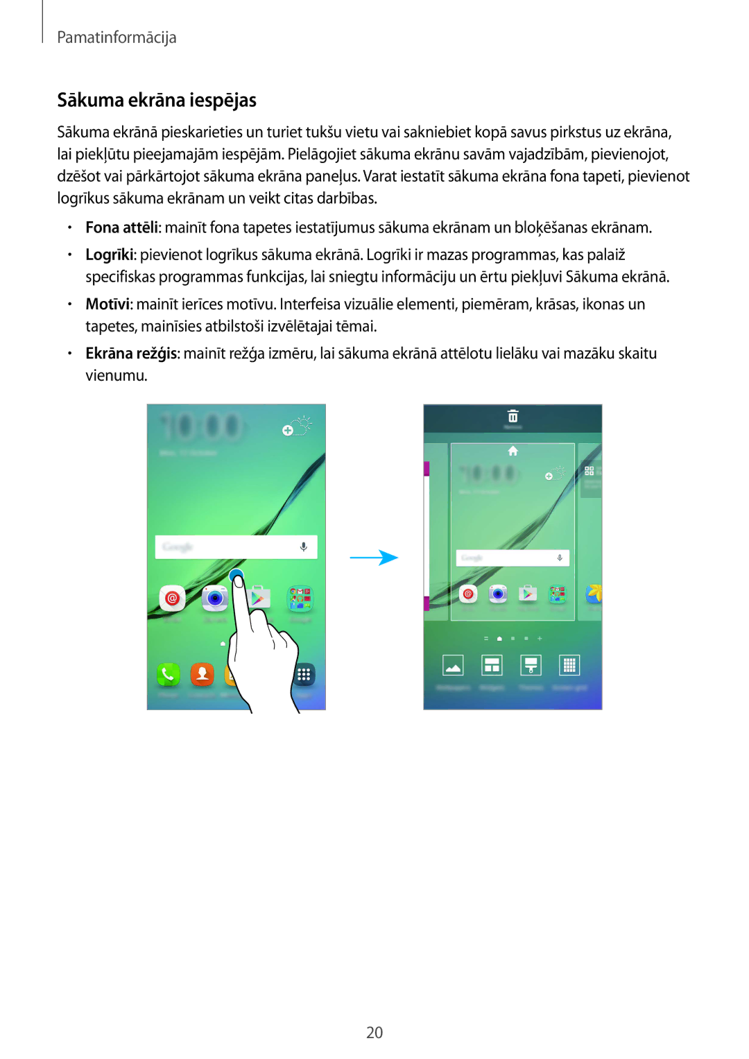 Samsung SM-G925FZKASEB manual Sākuma ekrāna iespējas 