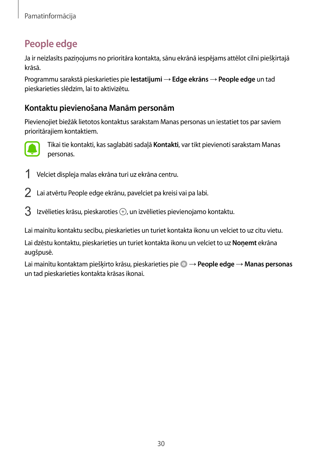 Samsung SM-G925FZKASEB manual People edge, Kontaktu pievienošana Manām personām 