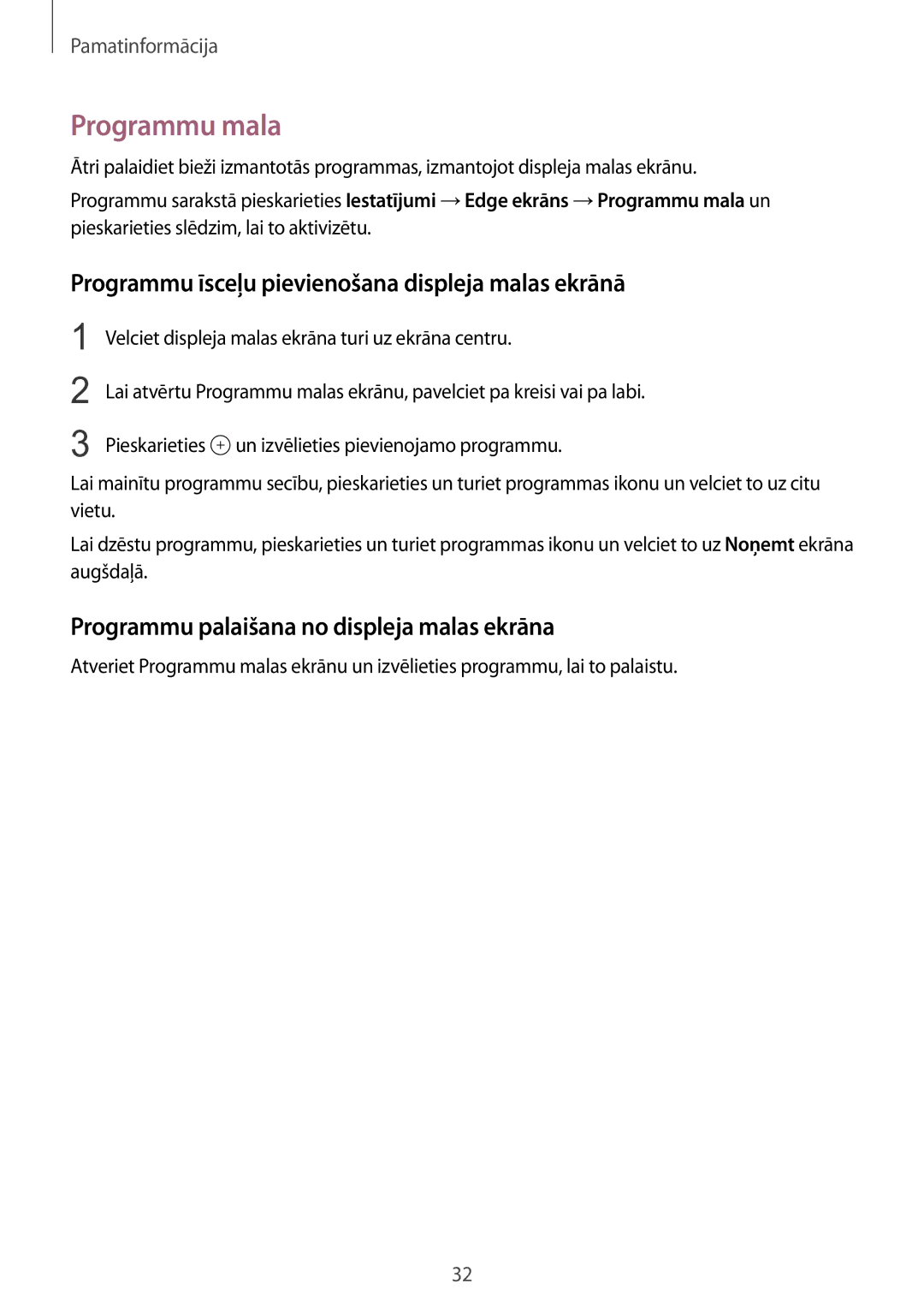 Samsung SM-G925FZKASEB manual Programmu mala, Programmu īsceļu pievienošana displeja malas ekrānā 