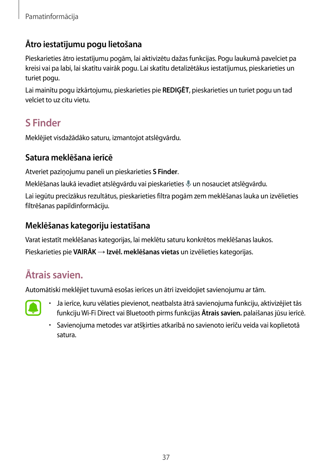 Samsung SM-G925FZKASEB manual Finder, Ātrais savien, Ātro iestatījumu pogu lietošana, Satura meklēšana ierīcē 