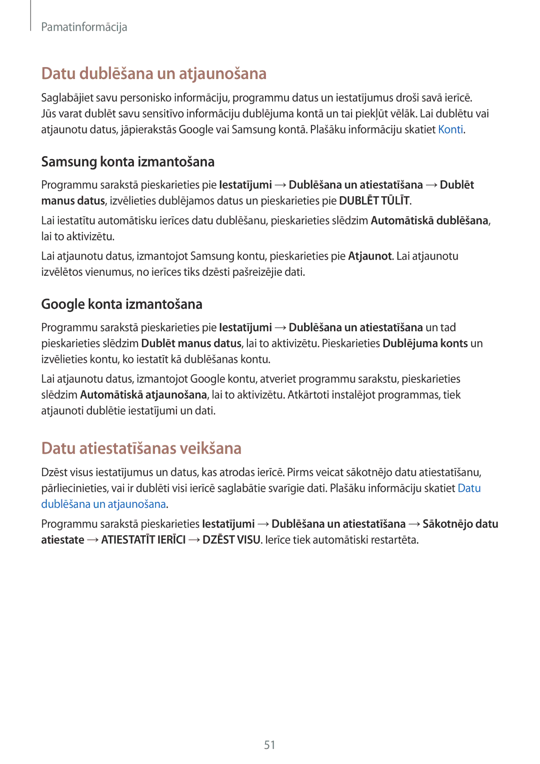 Samsung SM-G925FZKASEB manual Datu dublēšana un atjaunošana, Datu atiestatīšanas veikšana, Samsung konta izmantošana 