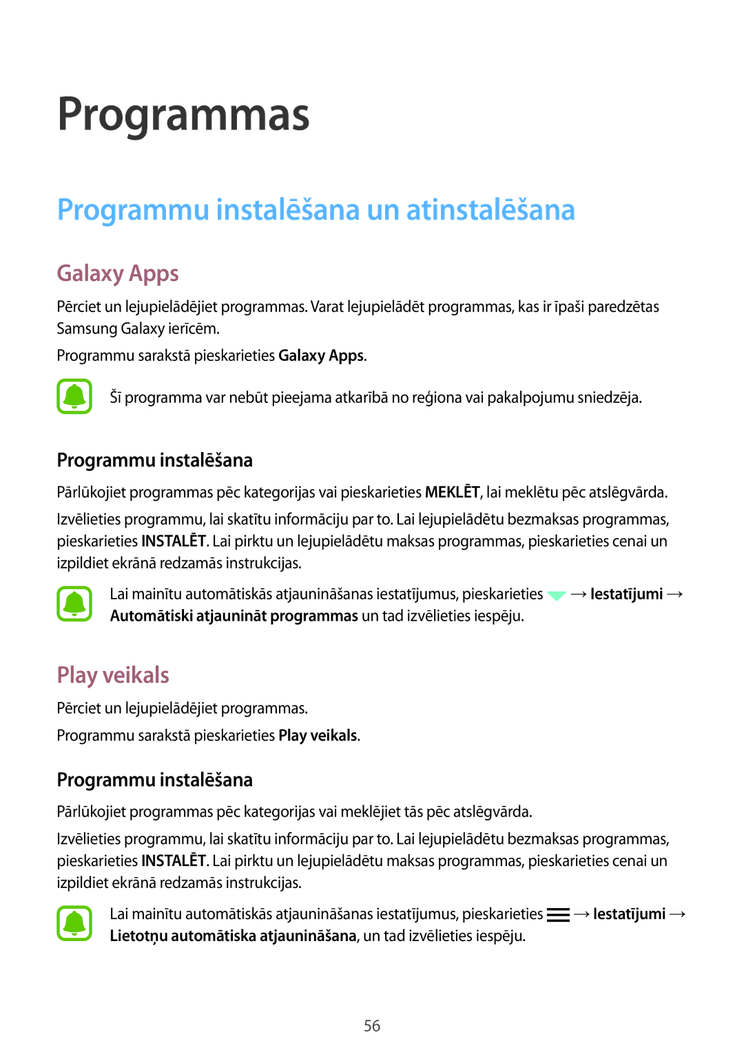 Samsung SM-G925FZKASEB manual Programmu instalēšana un atinstalēšana, Galaxy Apps, Play veikals 