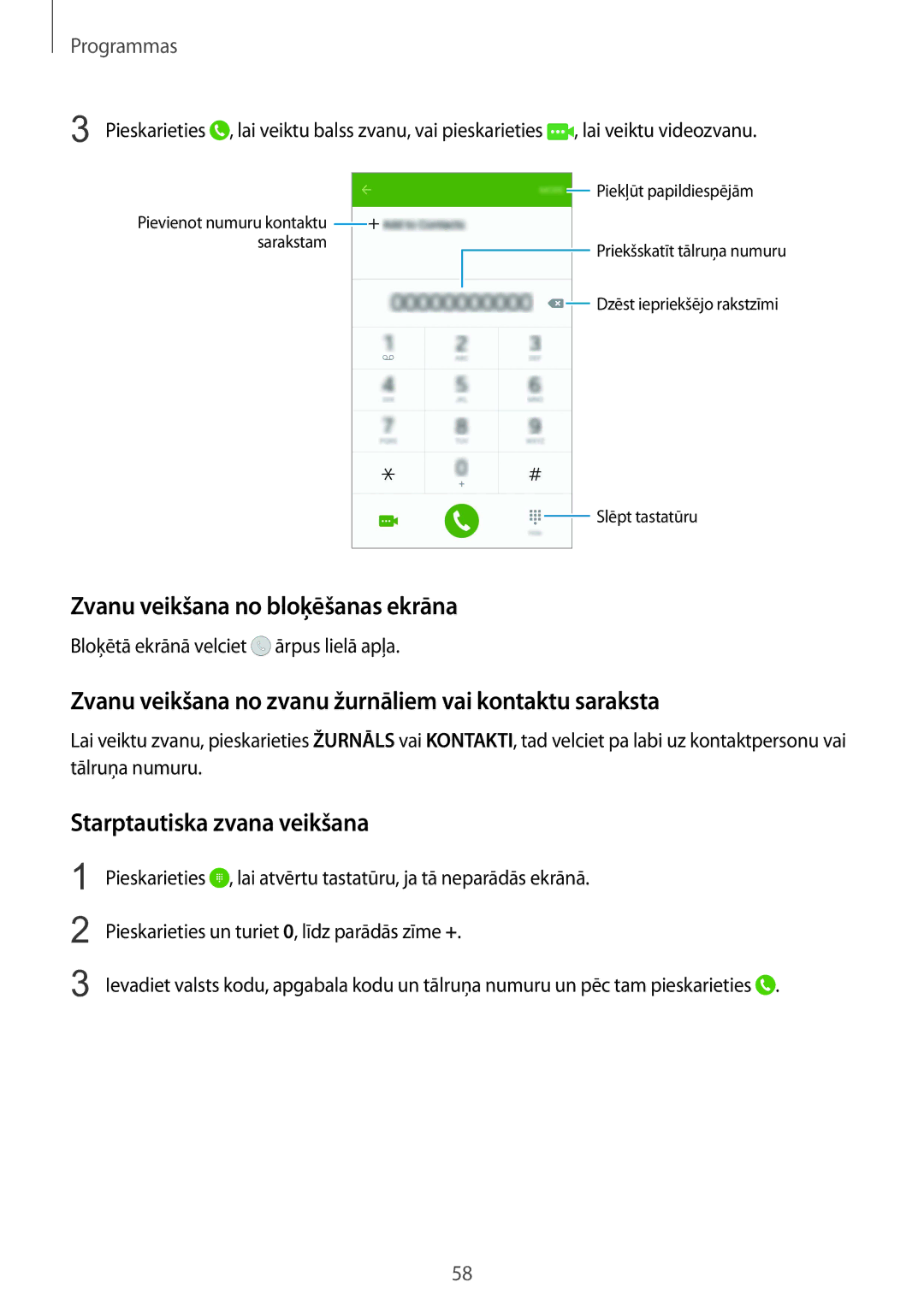 Samsung SM-G925FZKASEB manual Zvanu veikšana no bloķēšanas ekrāna, Zvanu veikšana no zvanu žurnāliem vai kontaktu saraksta 