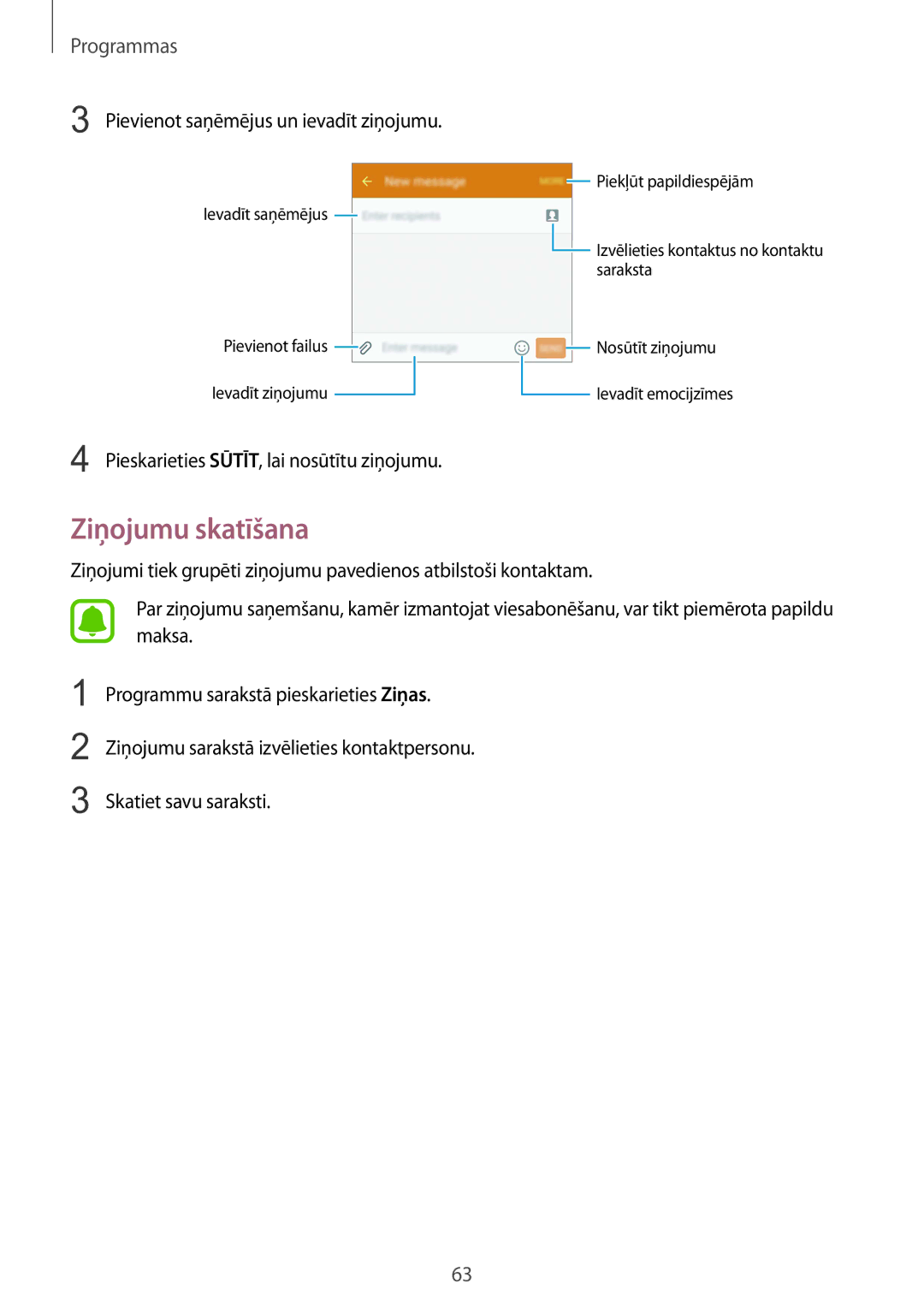 Samsung SM-G925FZKASEB manual Ziņojumu skatīšana, Pievienot saņēmējus un ievadīt ziņojumu 