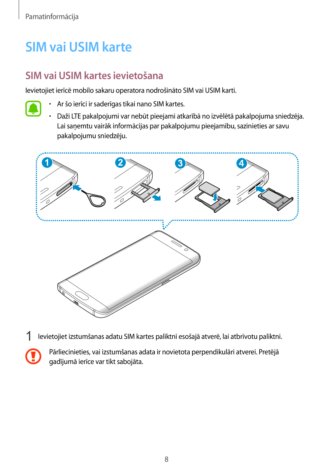 Samsung SM-G925FZKASEB manual SIM vai Usim kartes ievietošana 