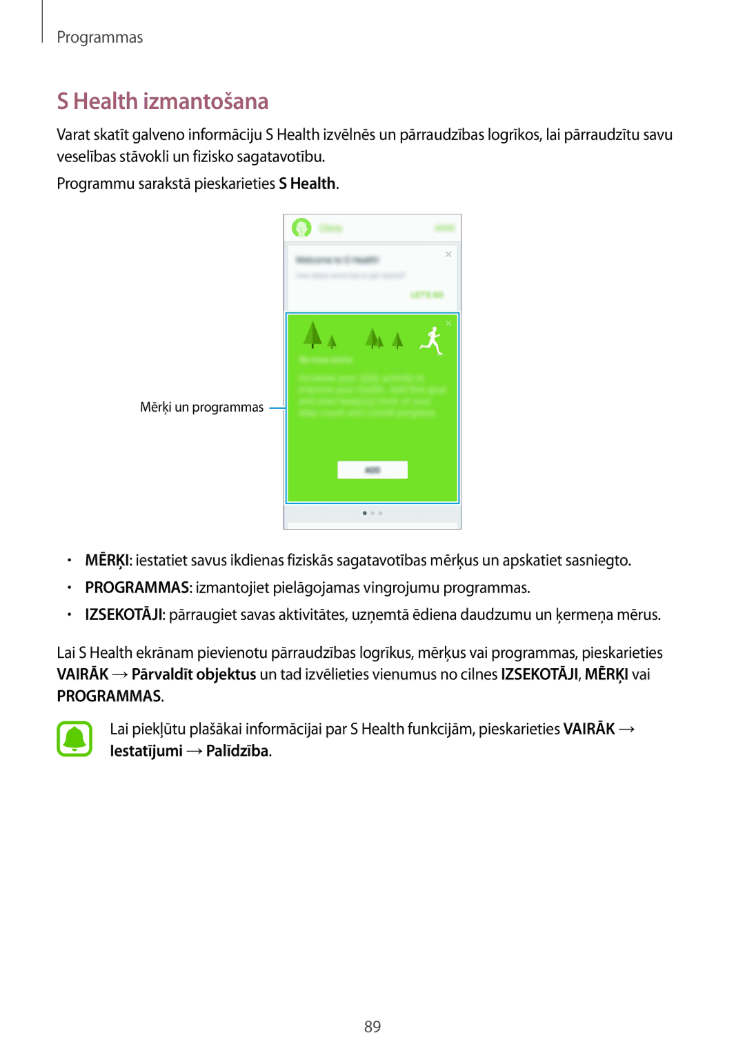 Samsung SM-G925FZKASEB manual Health izmantošana, Programmas 