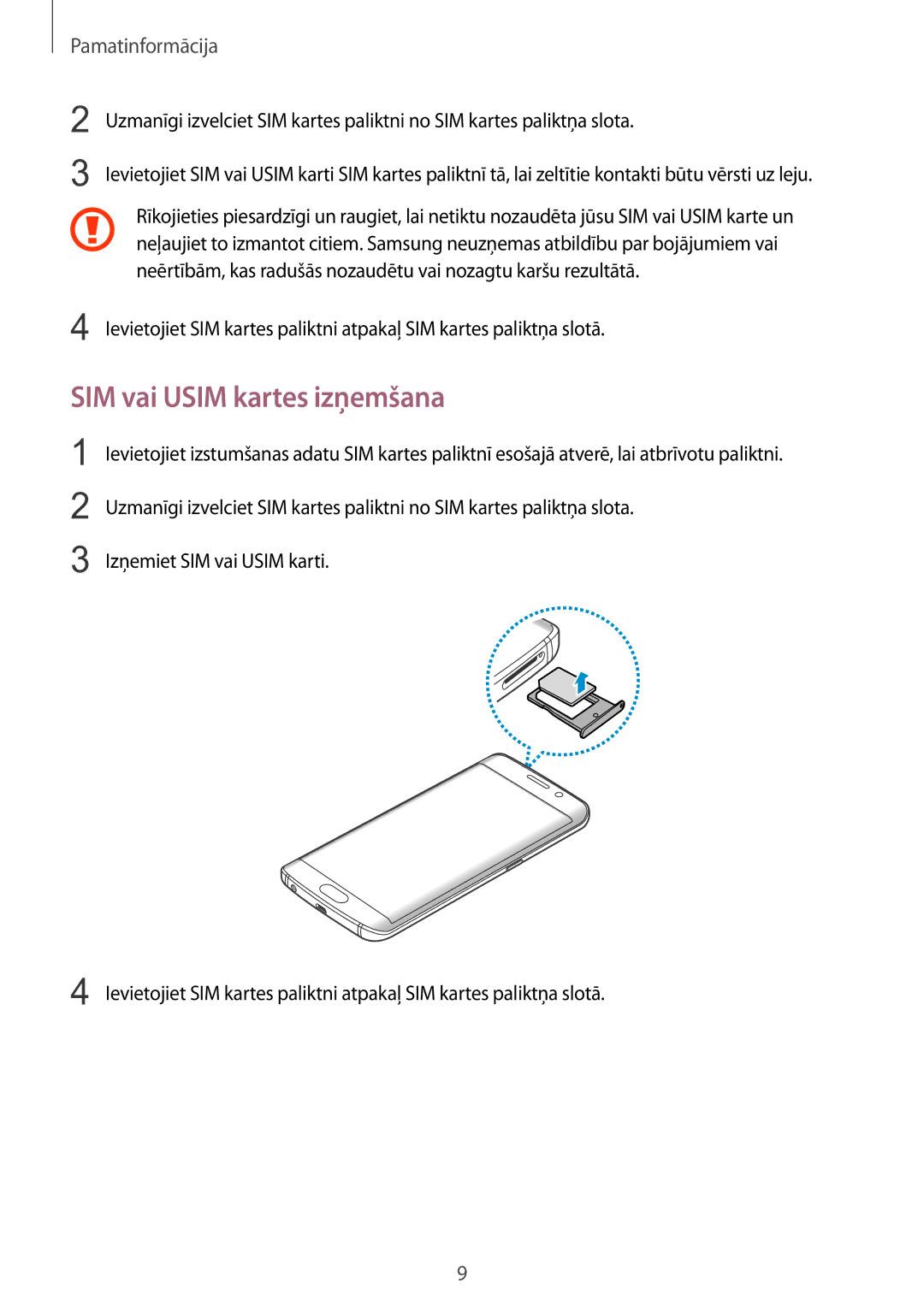 Samsung SM-G925FZKASEB manual SIM vai Usim kartes izņemšana 