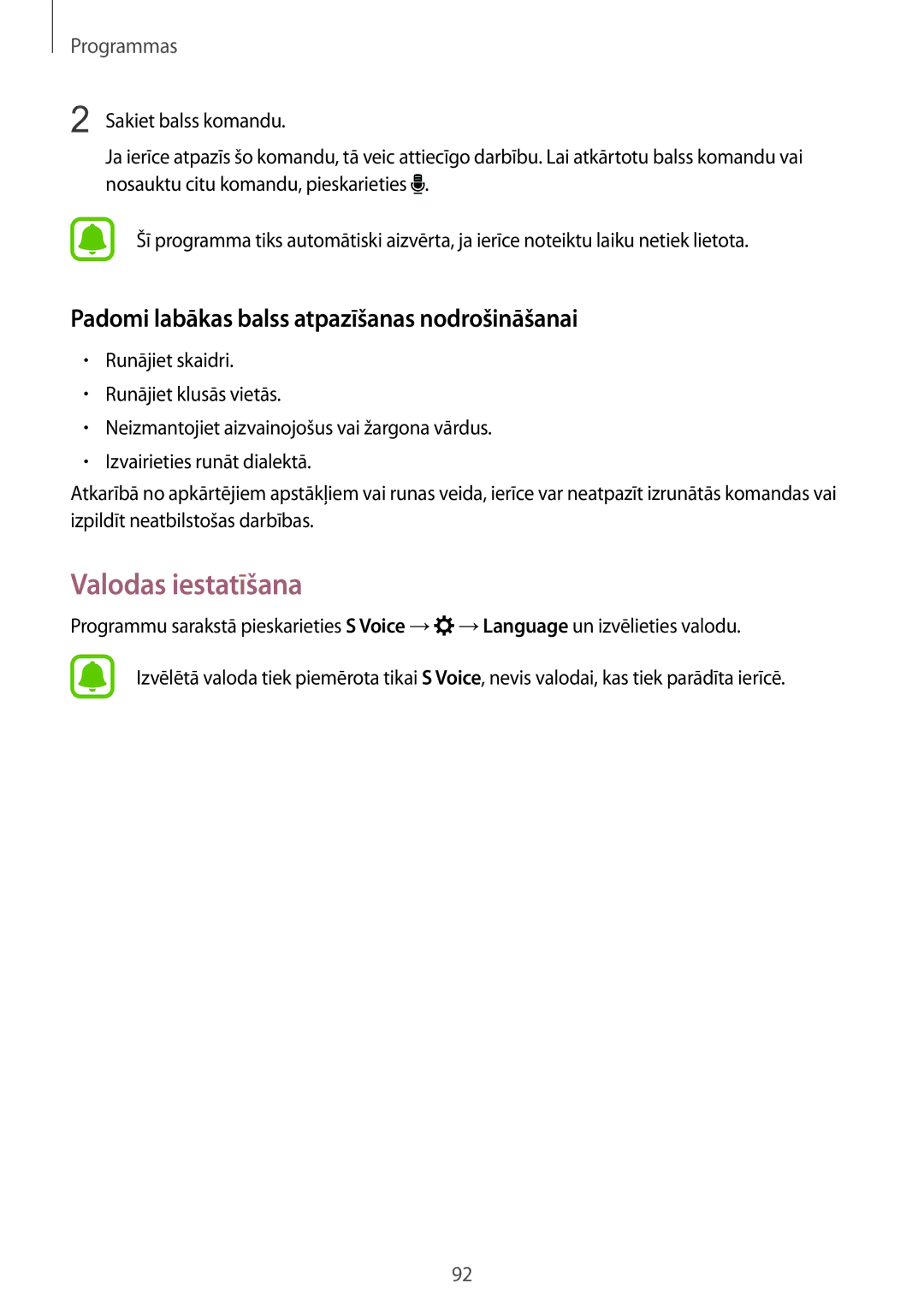 Samsung SM-G925FZKASEB manual Valodas iestatīšana, Padomi labākas balss atpazīšanas nodrošināšanai 