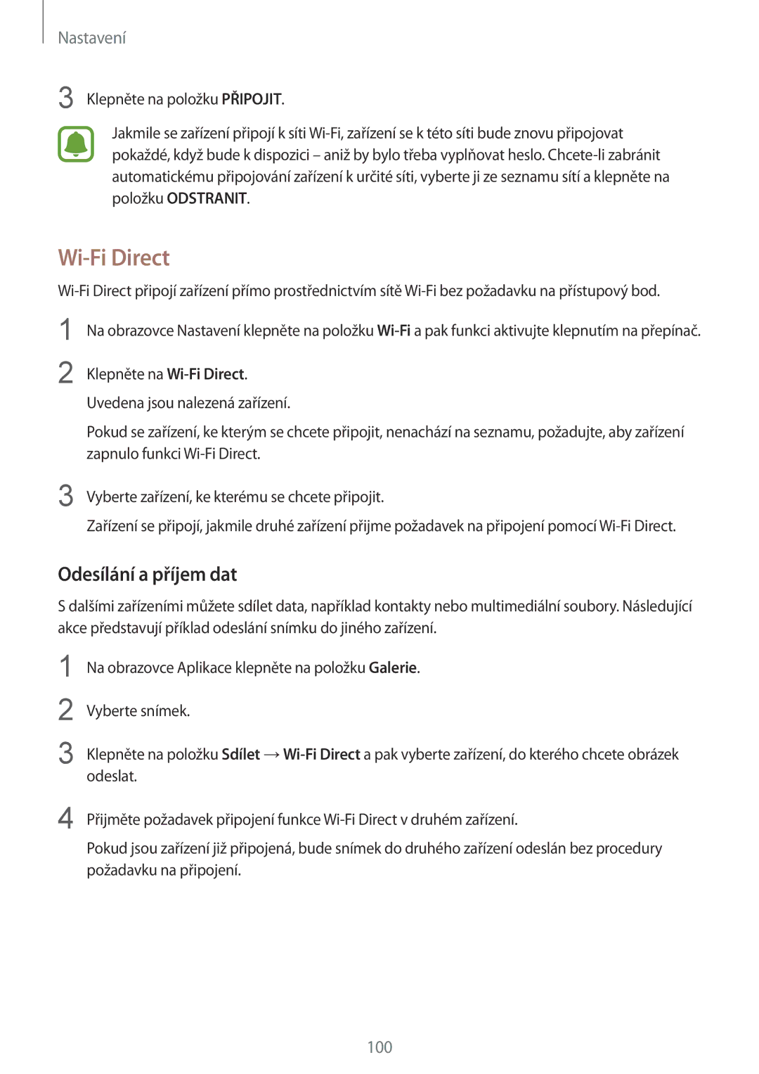 Samsung SM-G925FZKFETL, SM-G925FZGFETL, SM-G925FZDEETL, SM-G925FZWEETL manual Wi-Fi Direct, Odesílání a příjem dat 