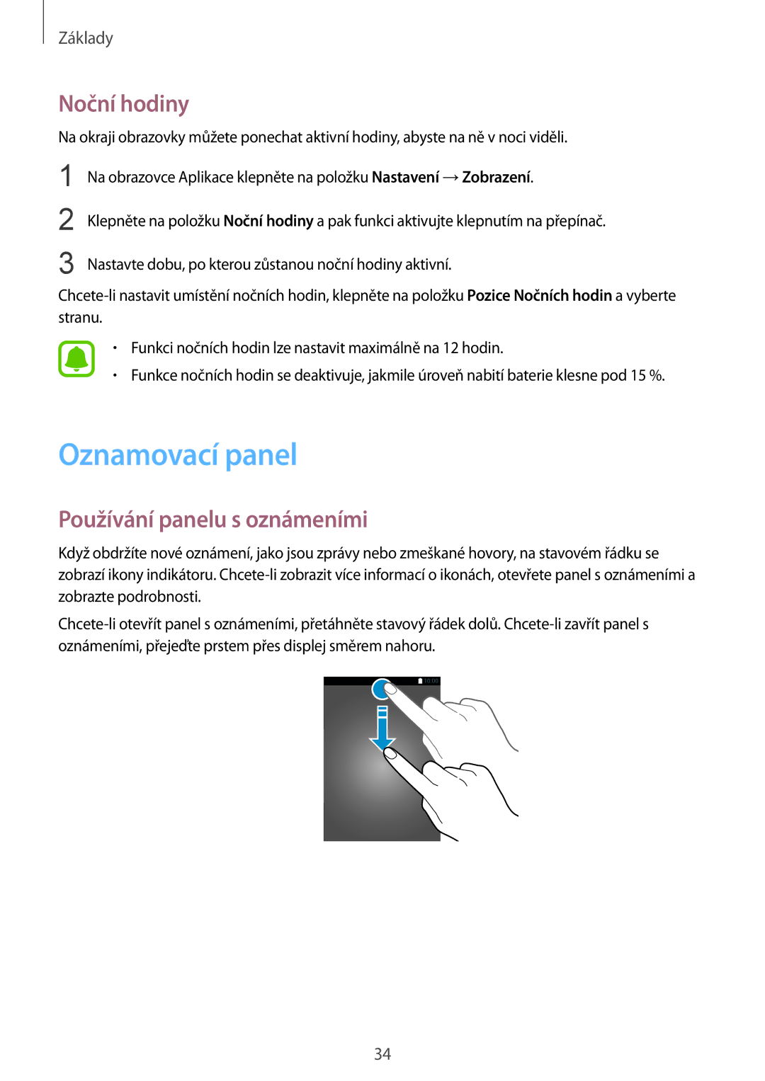 Samsung SM-G925FZDEETL, SM-G925FZKFETL, SM-G925FZGFETL manual Oznamovací panel, Noční hodiny, Používání panelu s oznámeními 