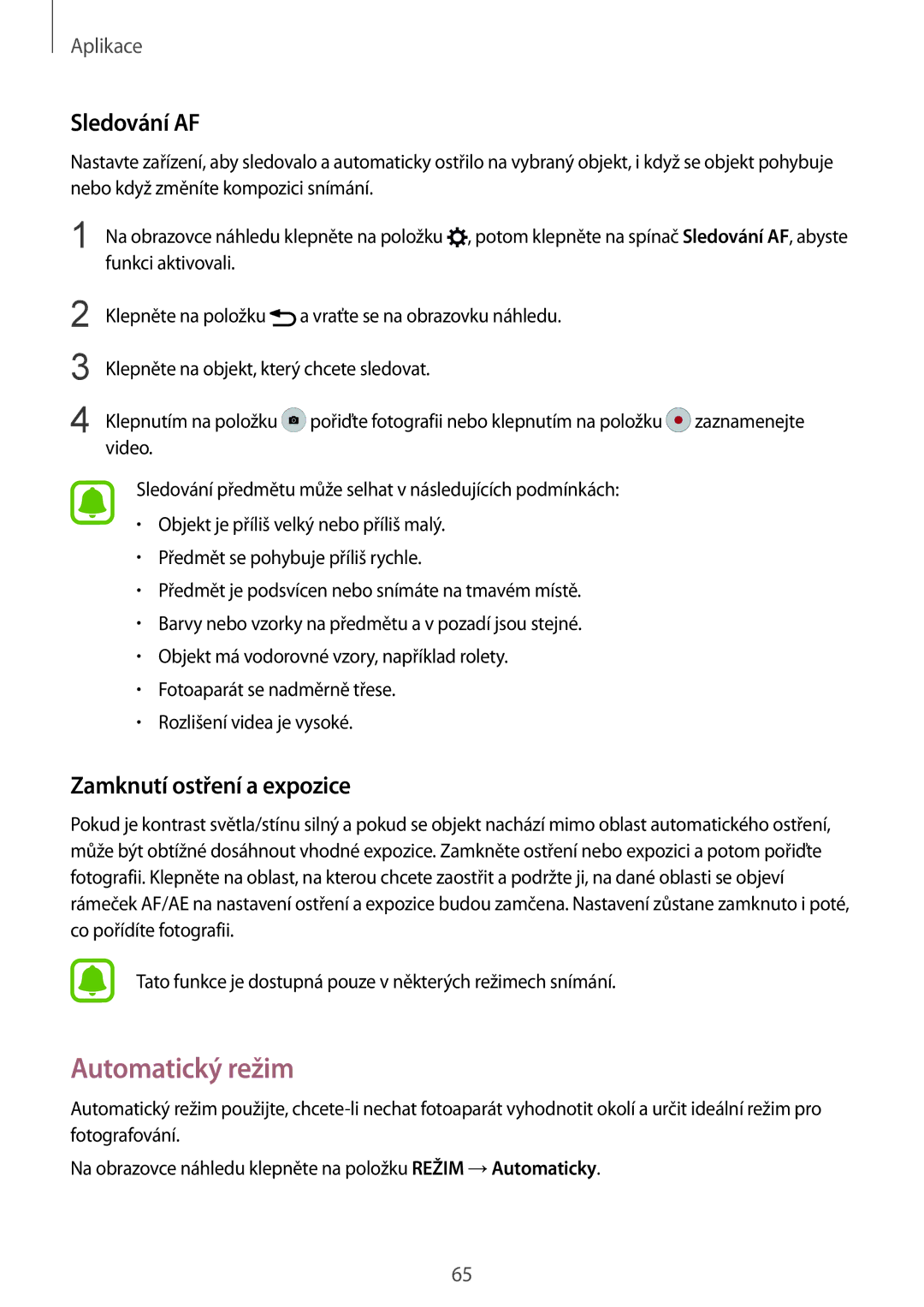 Samsung SM-G925FZGFETL, SM-G925FZKFETL, SM-G925FZDEETL manual Automatický režim, Sledování AF, Zamknutí ostření a expozice 