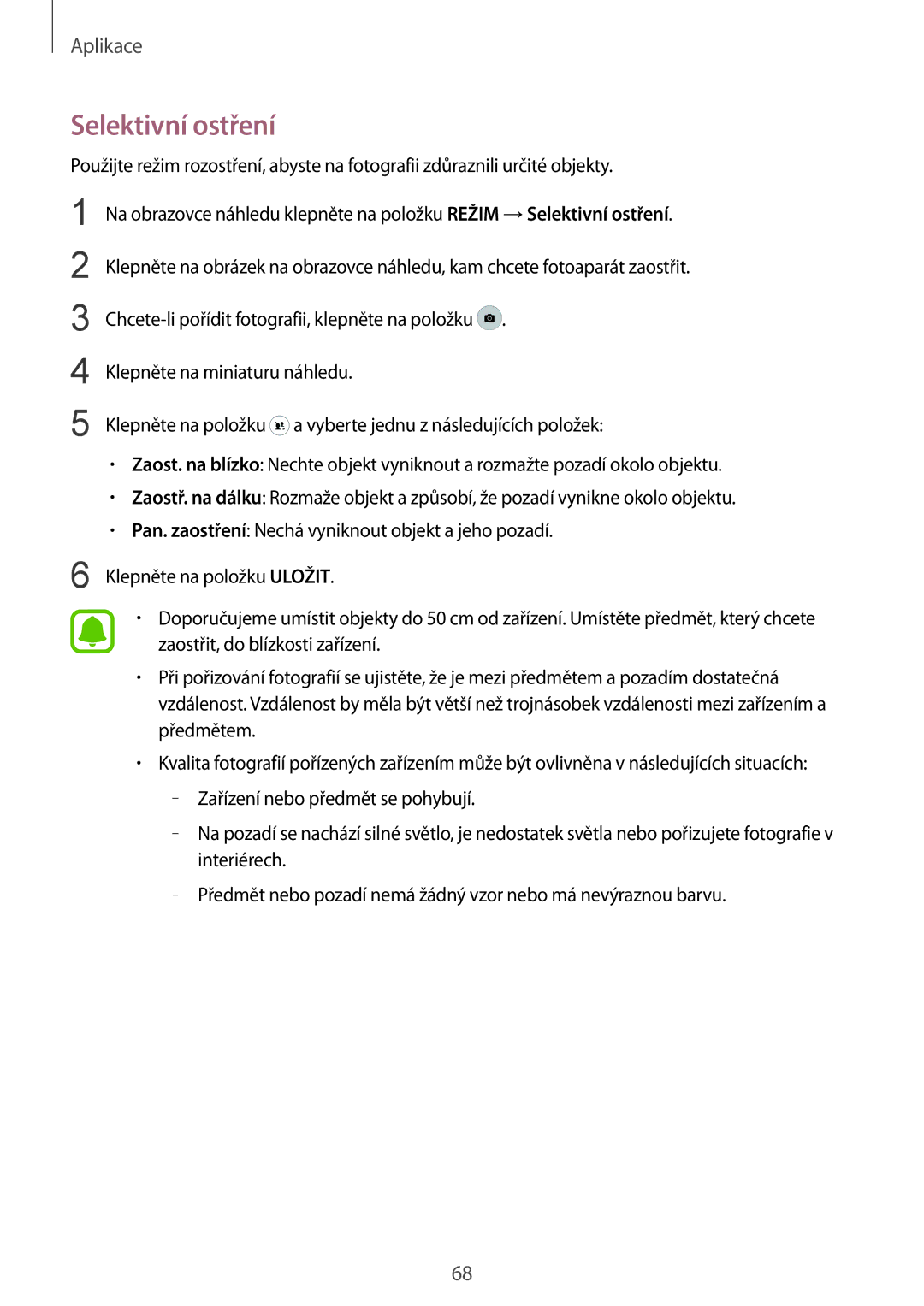 Samsung SM-G925FZKFETL, SM-G925FZGFETL, SM-G925FZDEETL, SM-G925FZWEETL manual Selektivní ostření 